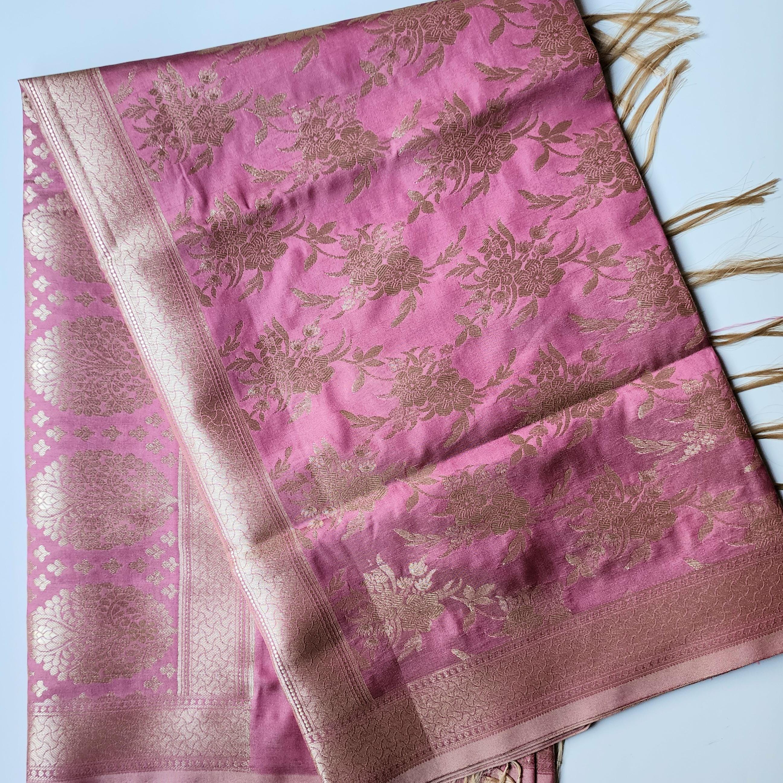 Lavender Pink Mist Banarasi Dupatta Golden Bloom Design, Gentle Sophistication
