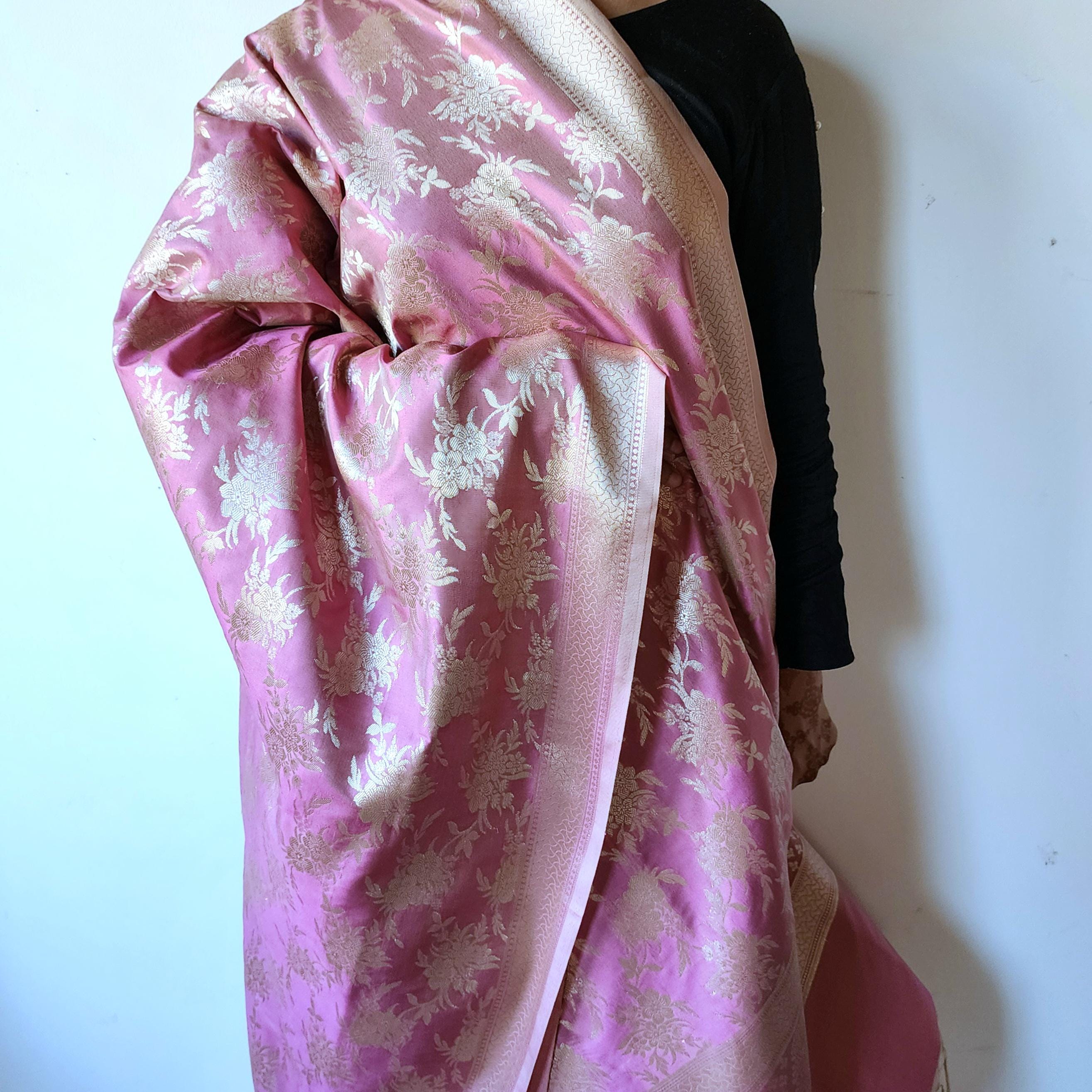 Lavender Pink Mist Banarasi Dupatta - Floral Brocade Zari