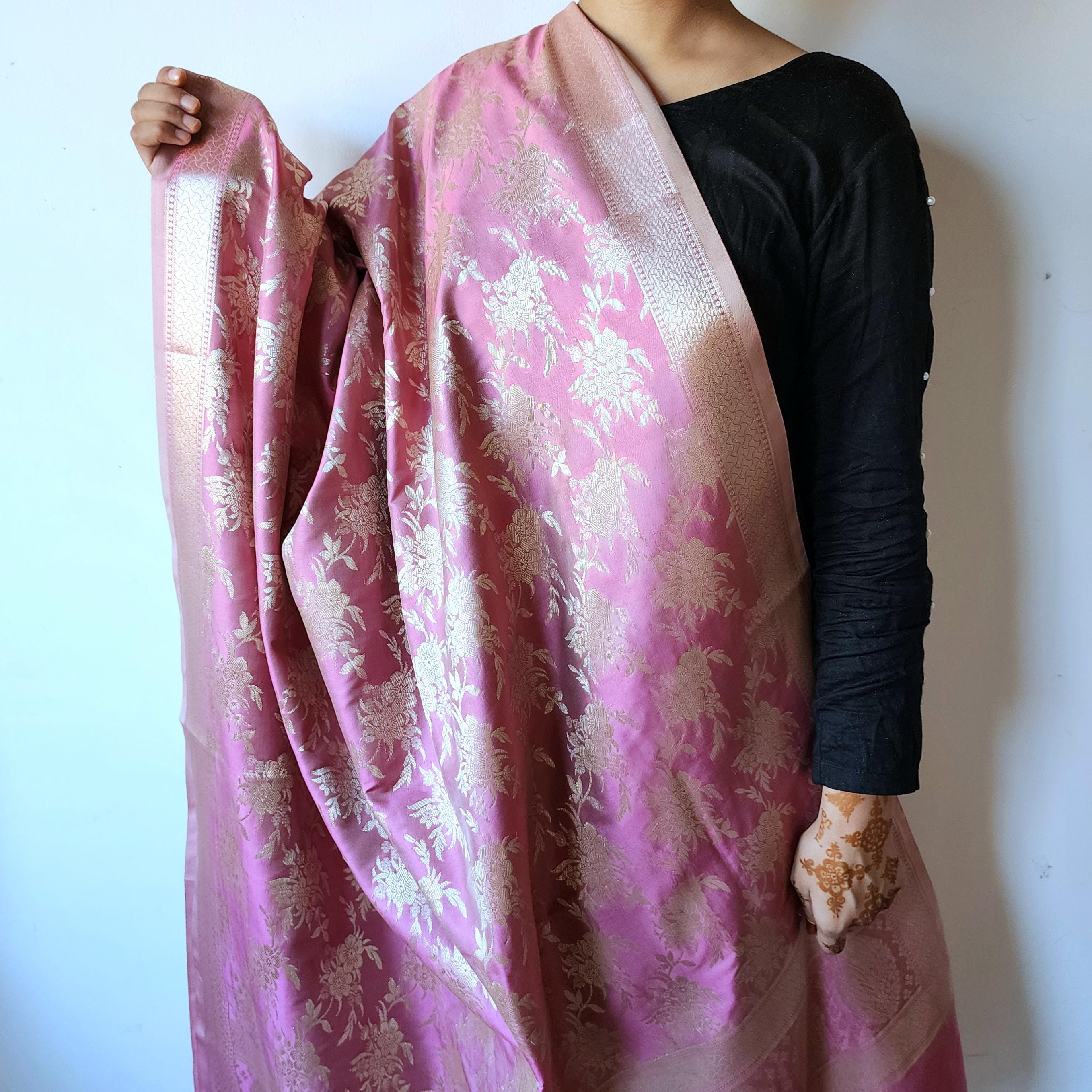 Lavender Pink Mist Banarasi Dupatta Golden Bloom Design, Gentle Sophistication