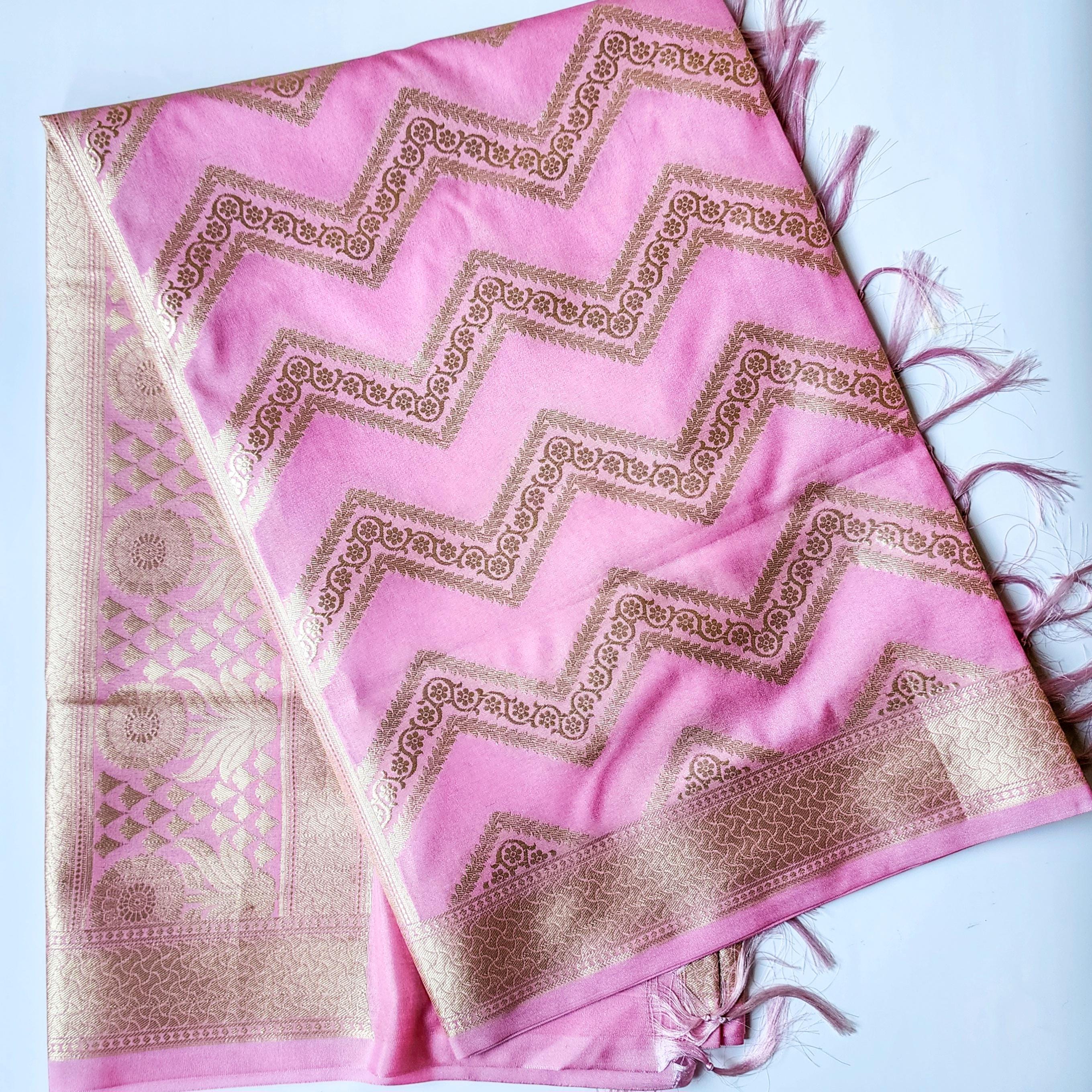 Soft Pastel Pink Banarasi Dupatta Golden Chevron Pattern, Youthful Radiance