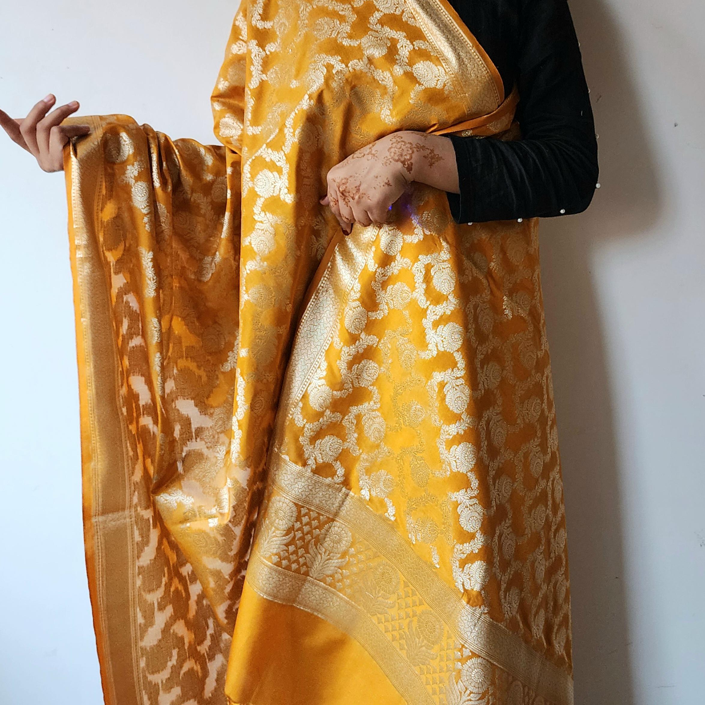Mustard Yellow Floral Jaal Dupatta with Mughal-Inspired Zari Border