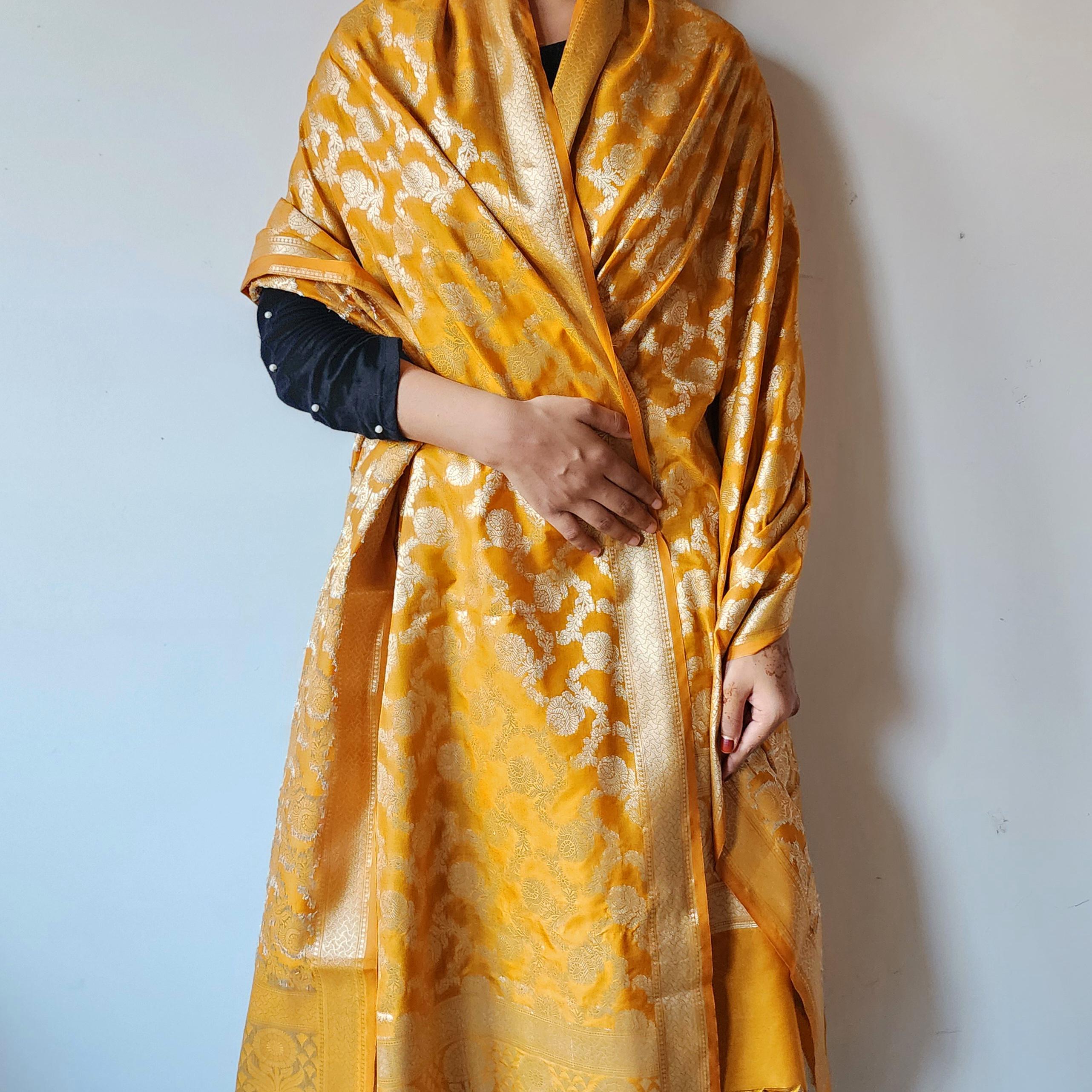 Mustard Yellow Floral Jaal Dupatta with Mughal-Inspired Zari Border