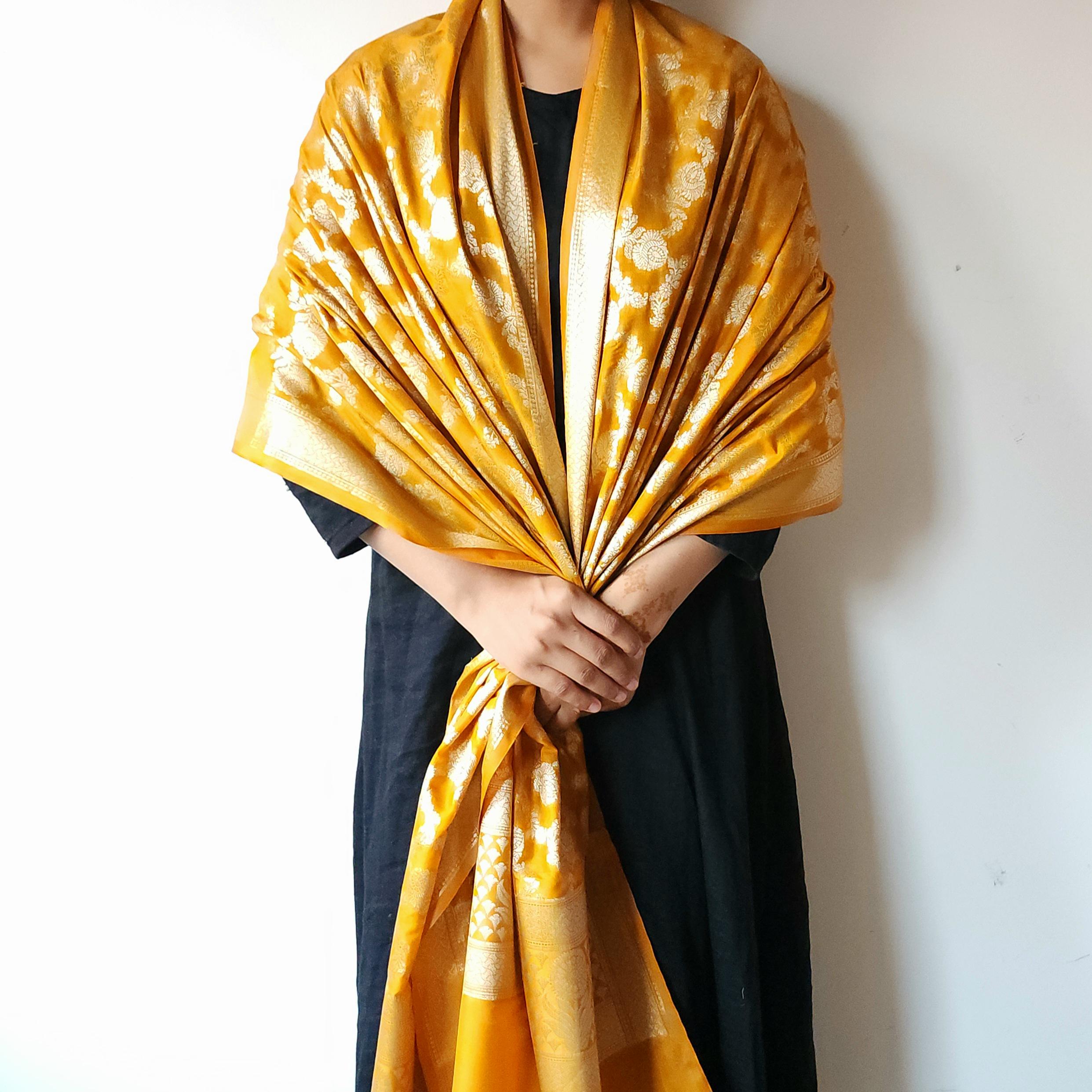 Mustard Yellow Banarasi Dupatta Golden Florals, Warm & Regal Statement