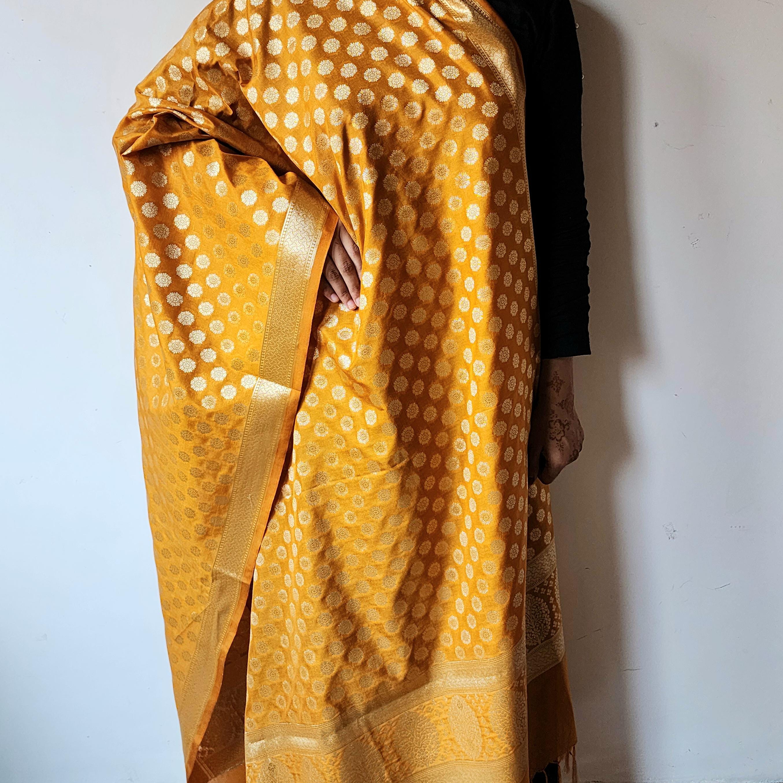 Mustard Yellow Banarasi Dupatta with Soft Polka Dots