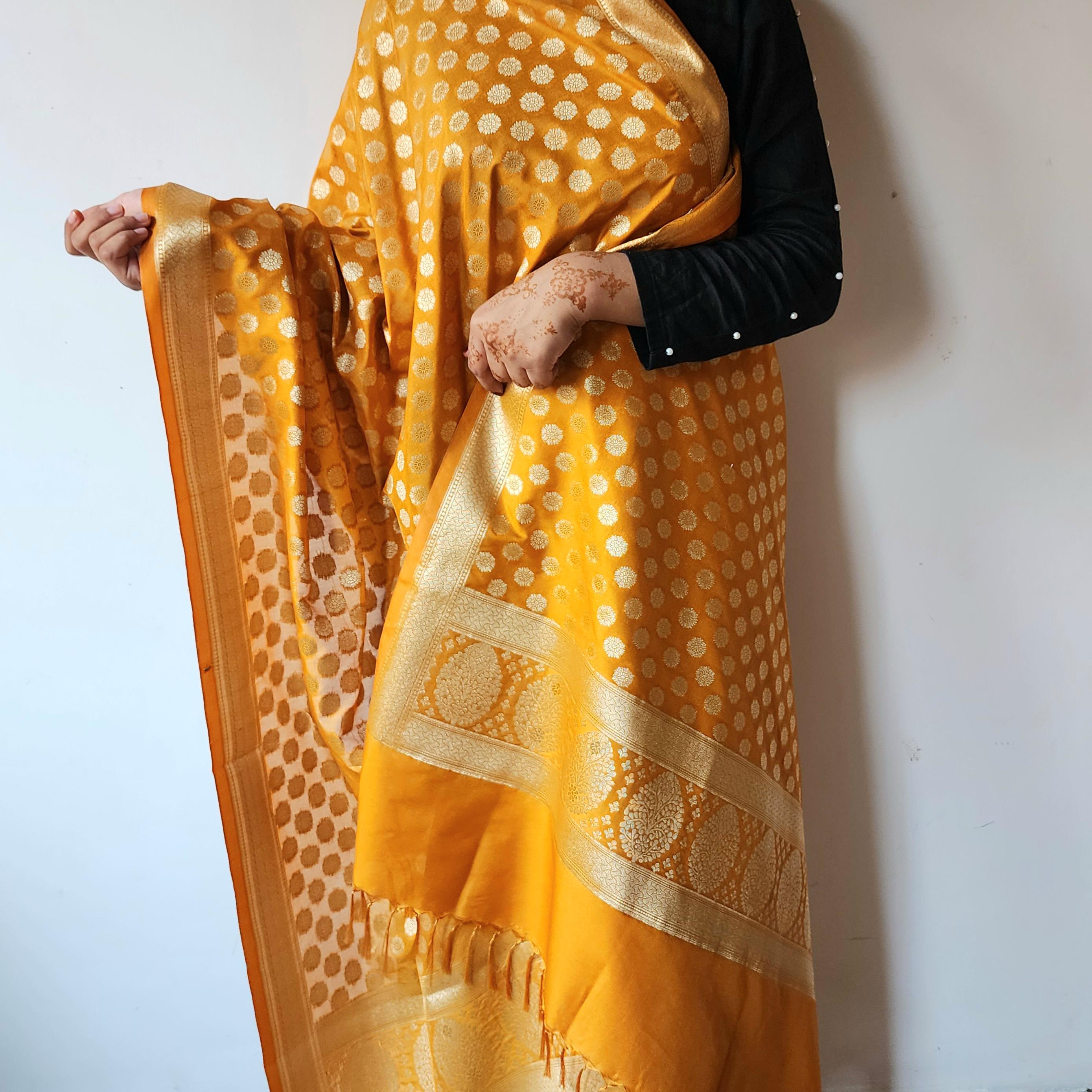 Mustard Yellow Banarasi Dupatta Zari Butti Weave, Warm Heritage Charm