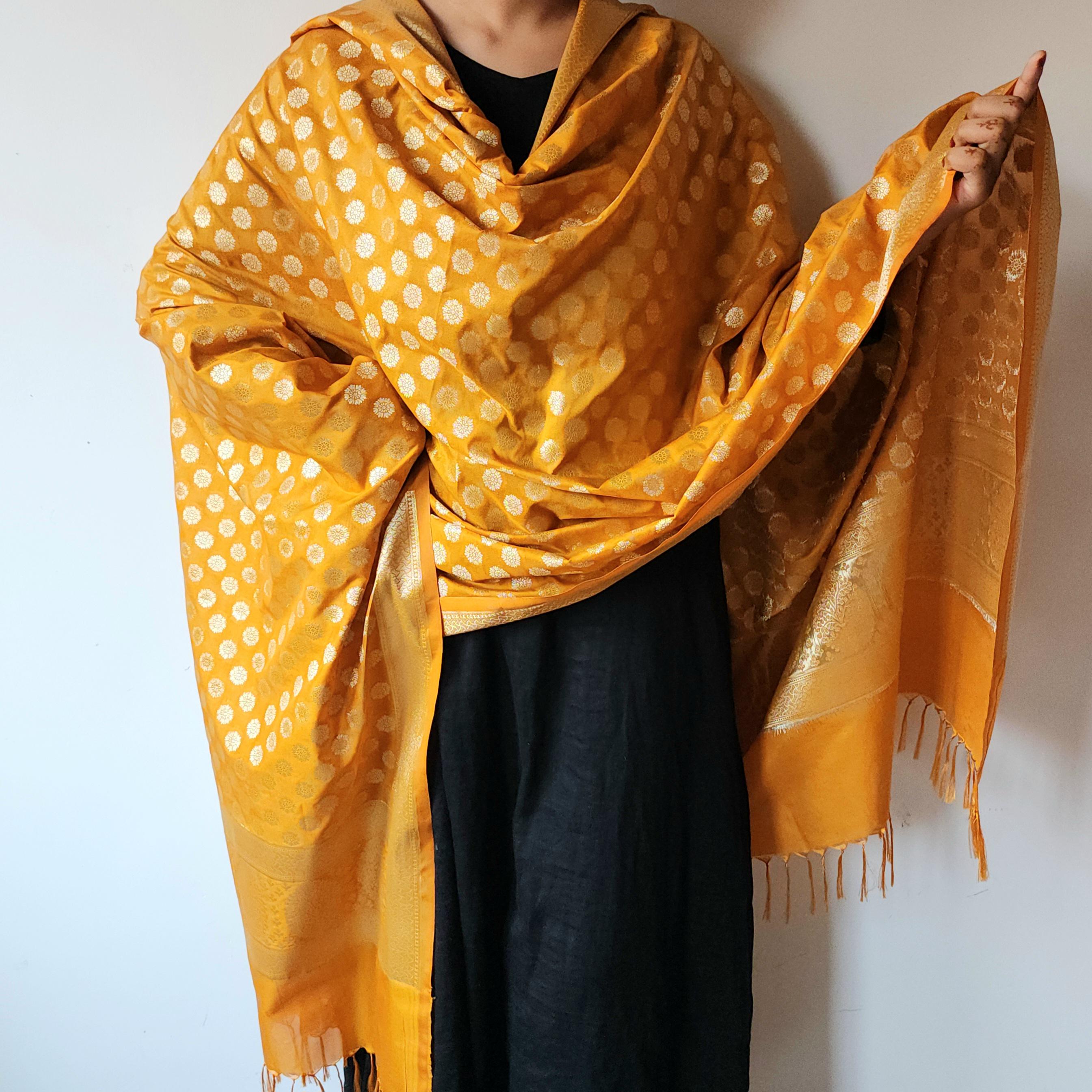 Mustard Yellow Banarasi Dupatta Zari Butti Weave, Warm Heritage Charm