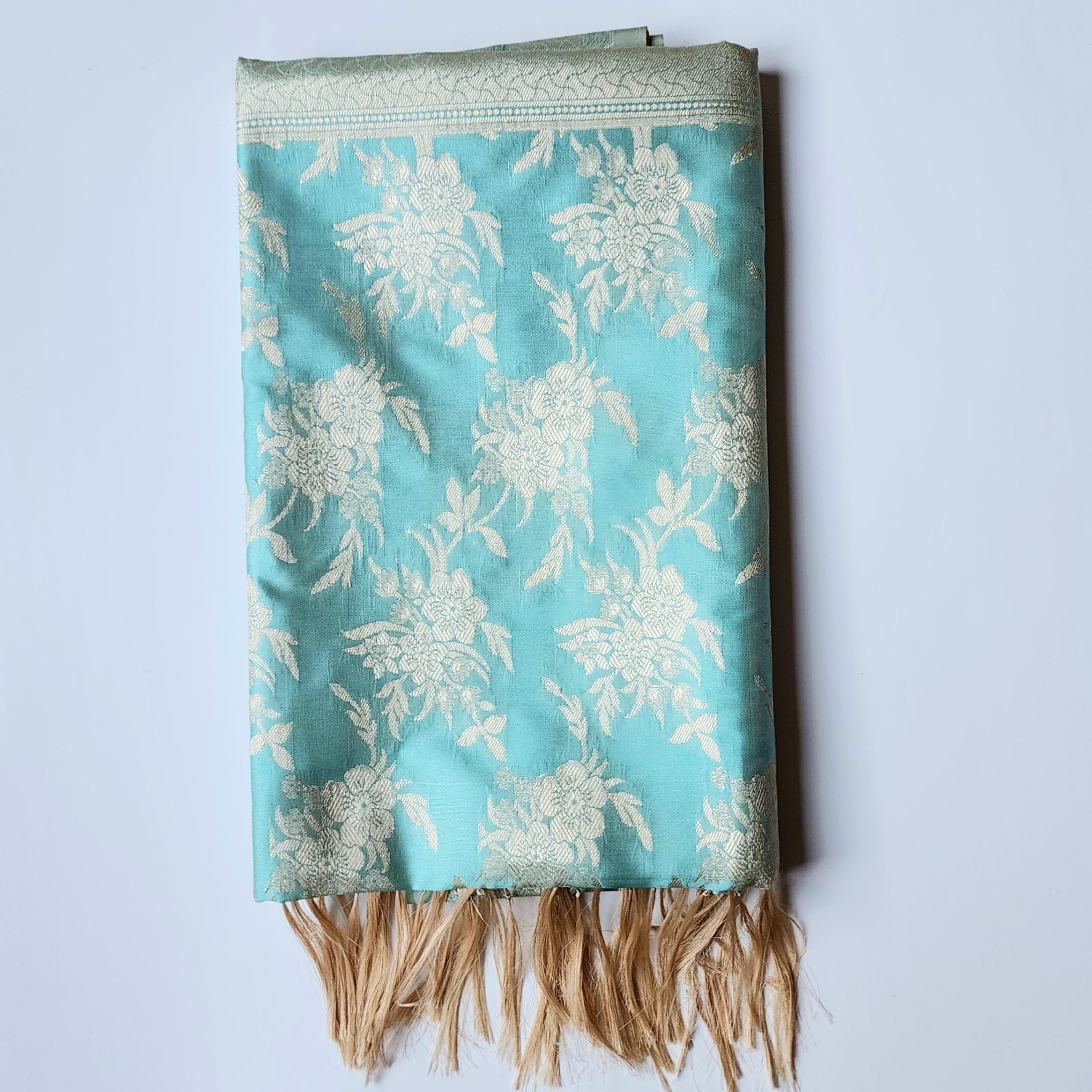 Pastel Sky Blue Banarasi Dupatta Soft Gold Floral Brocade, Effortlessly Regal