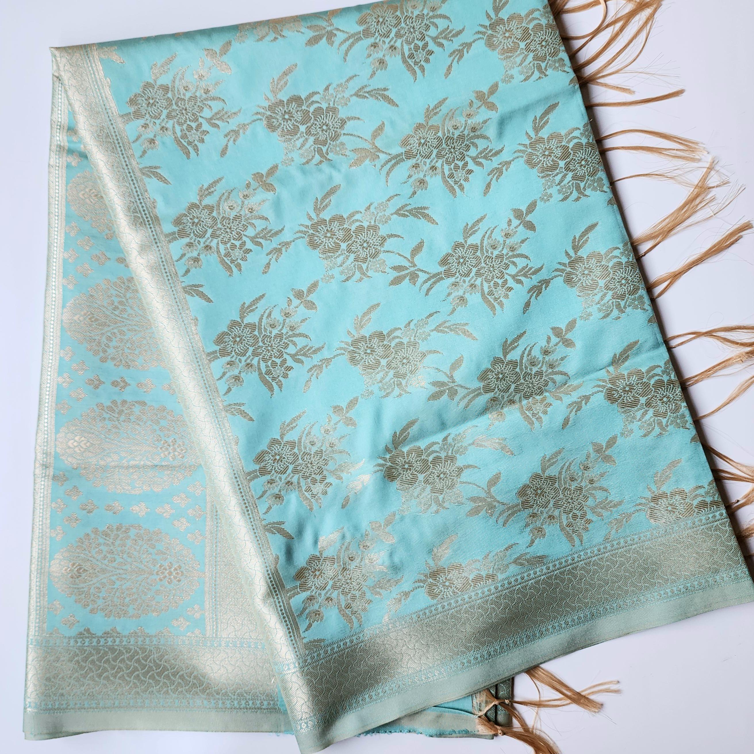 Pastel Sky Blue Banarasi Dupatta Soft Gold Floral Brocade, Effortlessly Regal