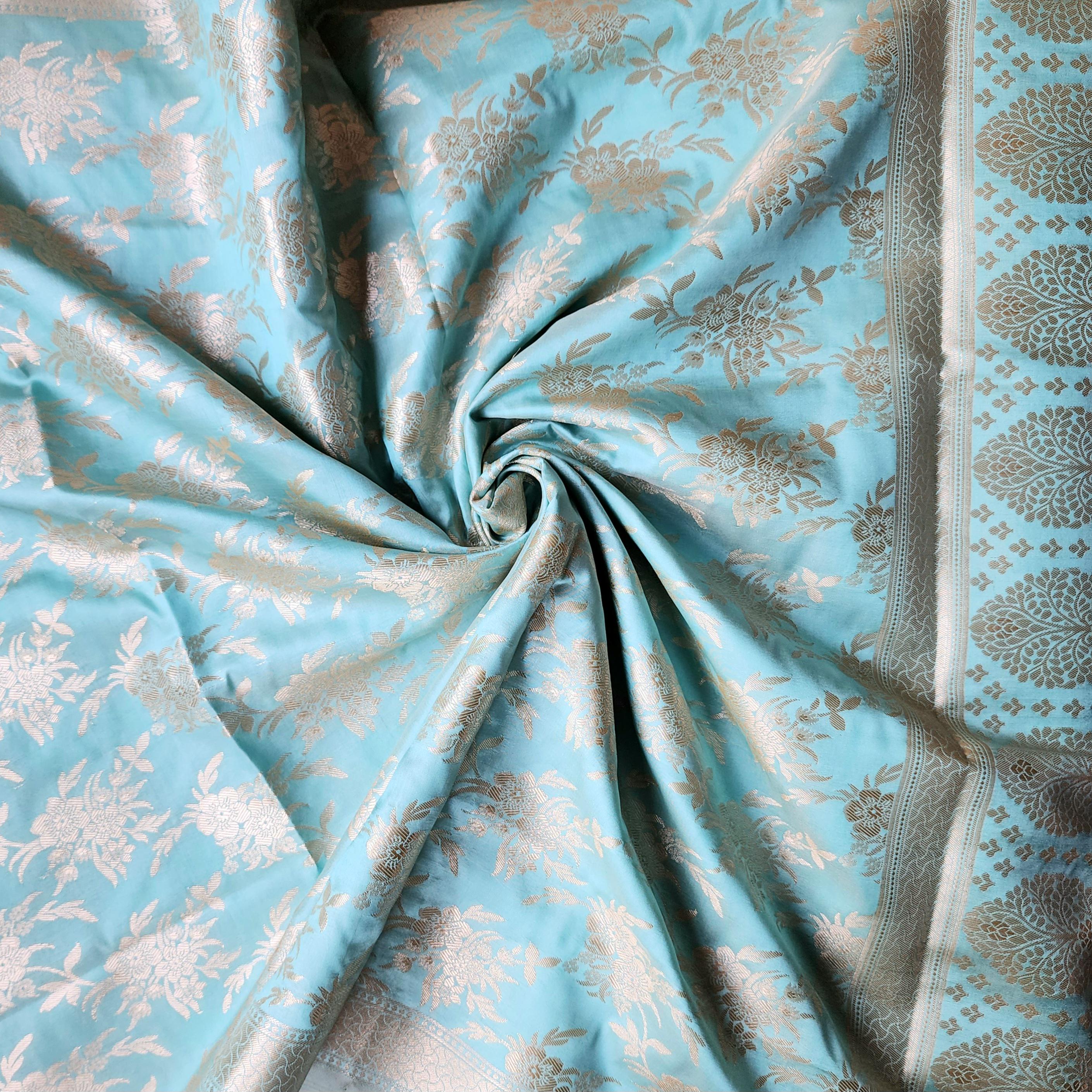 Pastel Sky Blue Banarasi Dupatta Soft Gold Floral Brocade, Effortlessly Regal