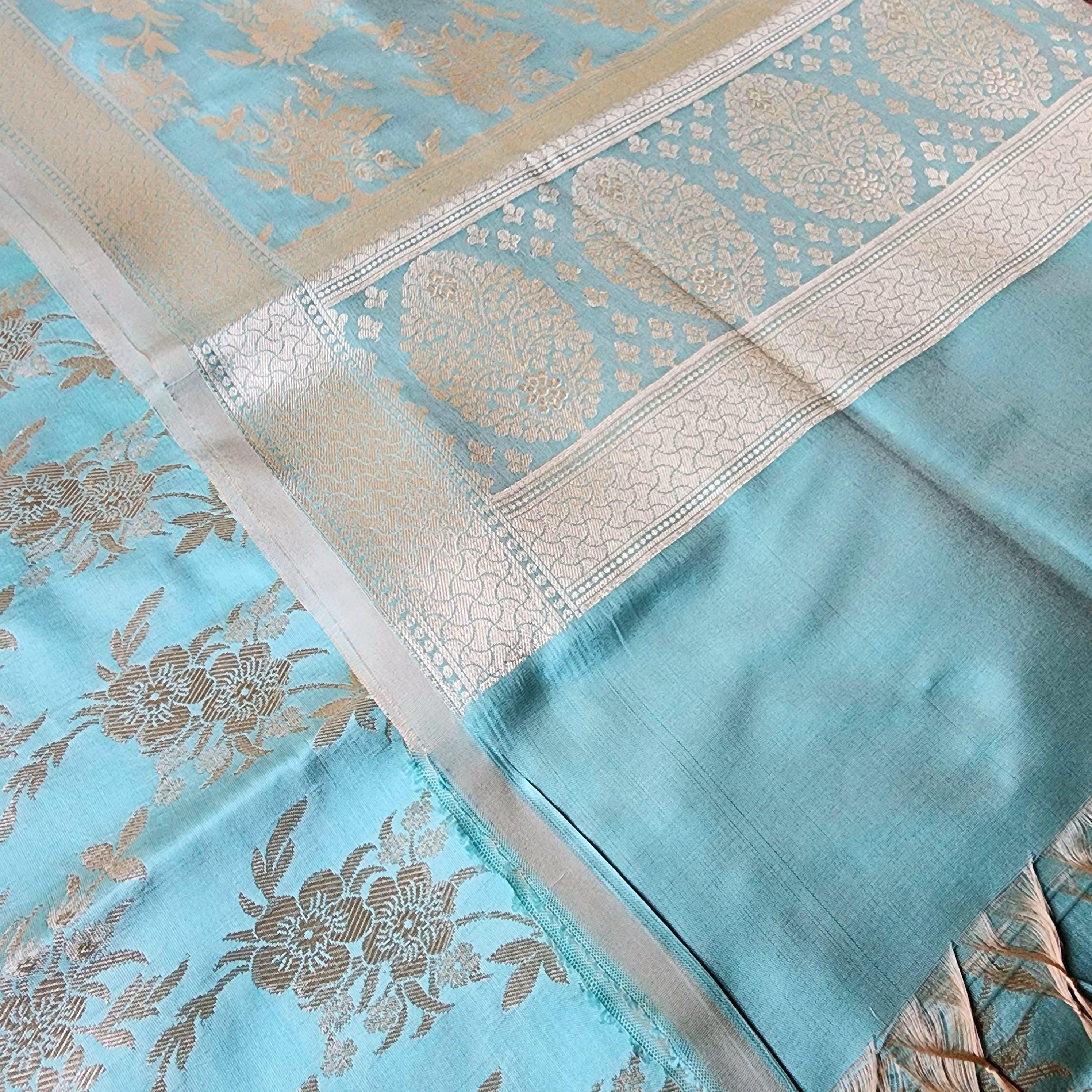 Pastel Sky Blue Banarasi Dupatta Soft Gold Floral Brocade, Effortlessly Regal