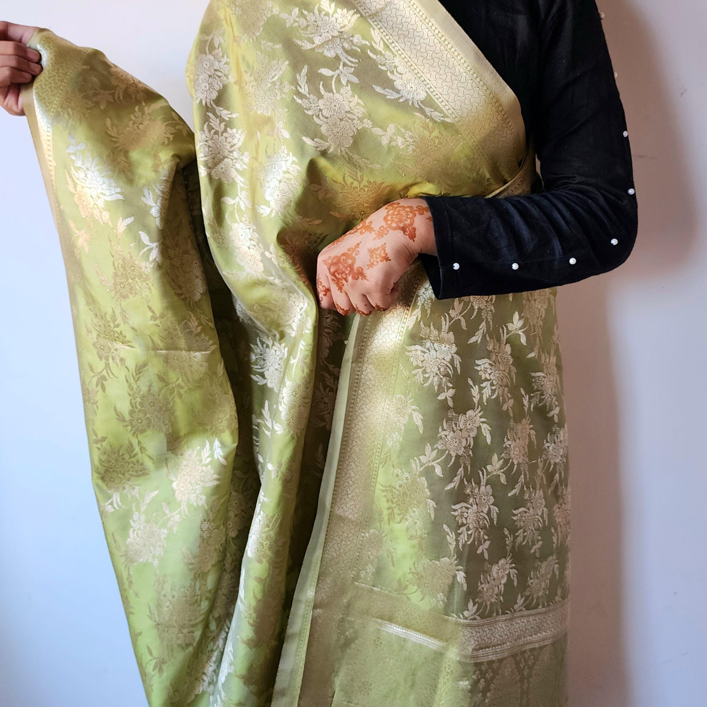 Sage Green Banarasi Dupatta - Floral Brocade Zari