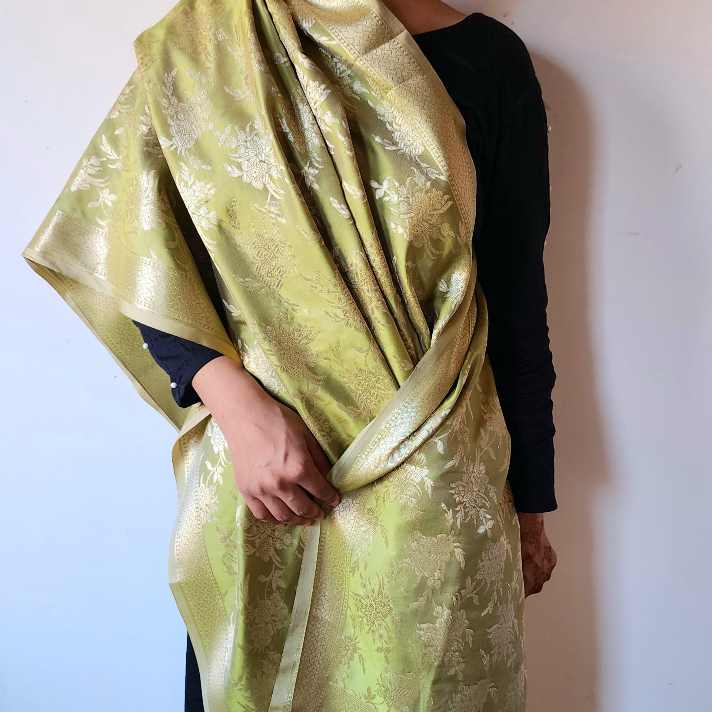 Sage Green Banarasi Dupatta Floral Brocade Zari, Subtle Heritage Grace