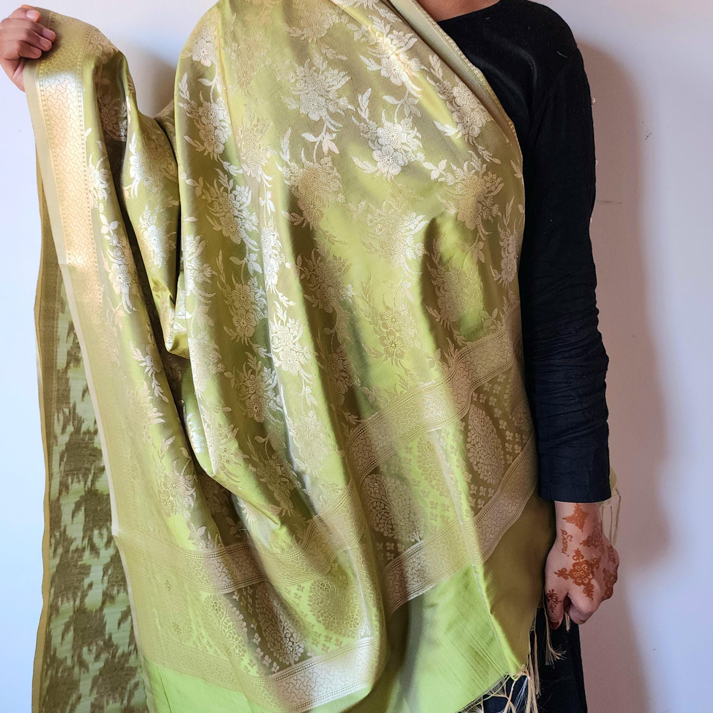 Sage Green Banarasi Dupatta Floral Brocade Zari, Subtle Heritage Grace