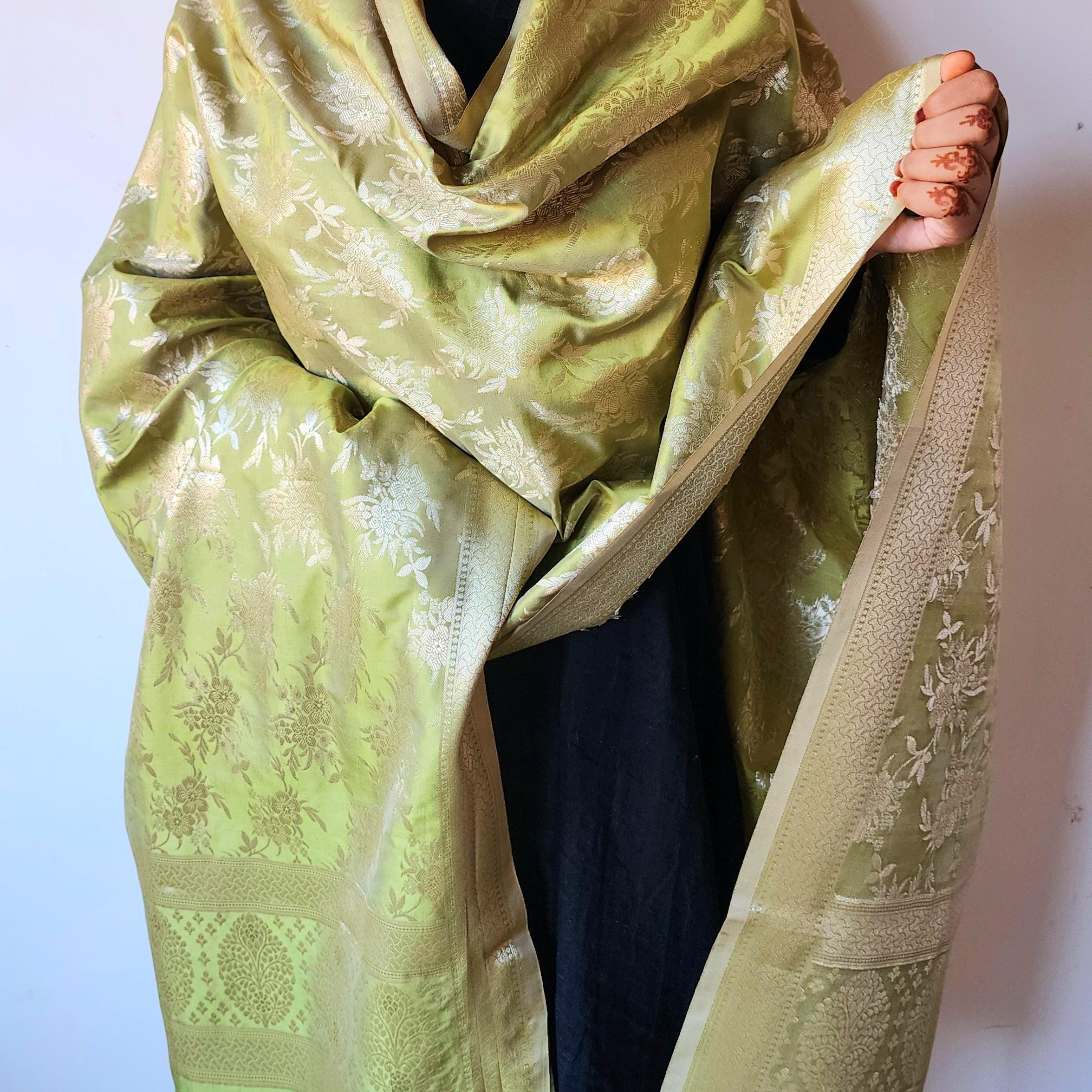 Sage Green Banarasi Dupatta Floral Brocade Zari, Subtle Heritage Grace
