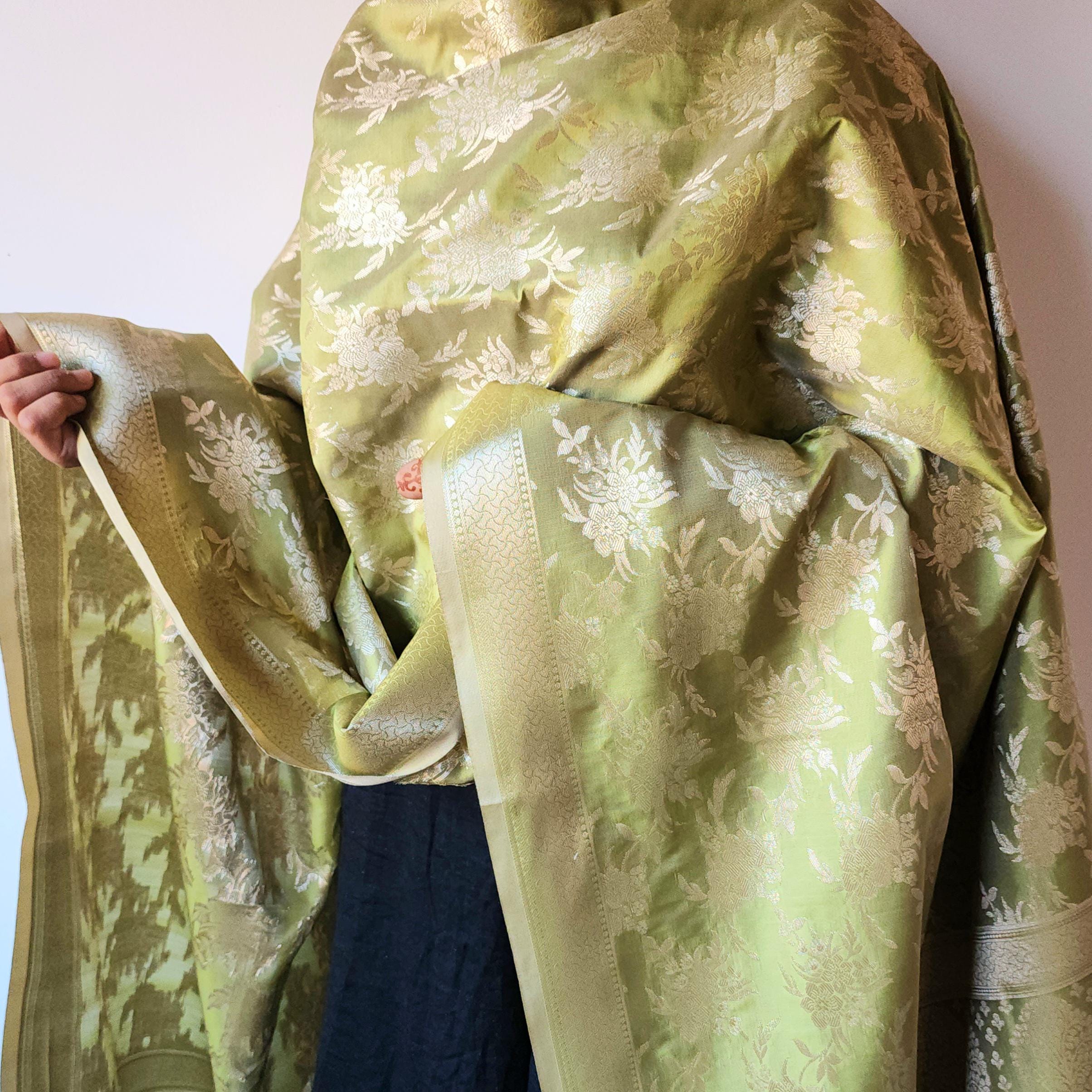 Sage Green Banarasi Dupatta Floral Brocade Zari, Subtle Heritage Grace