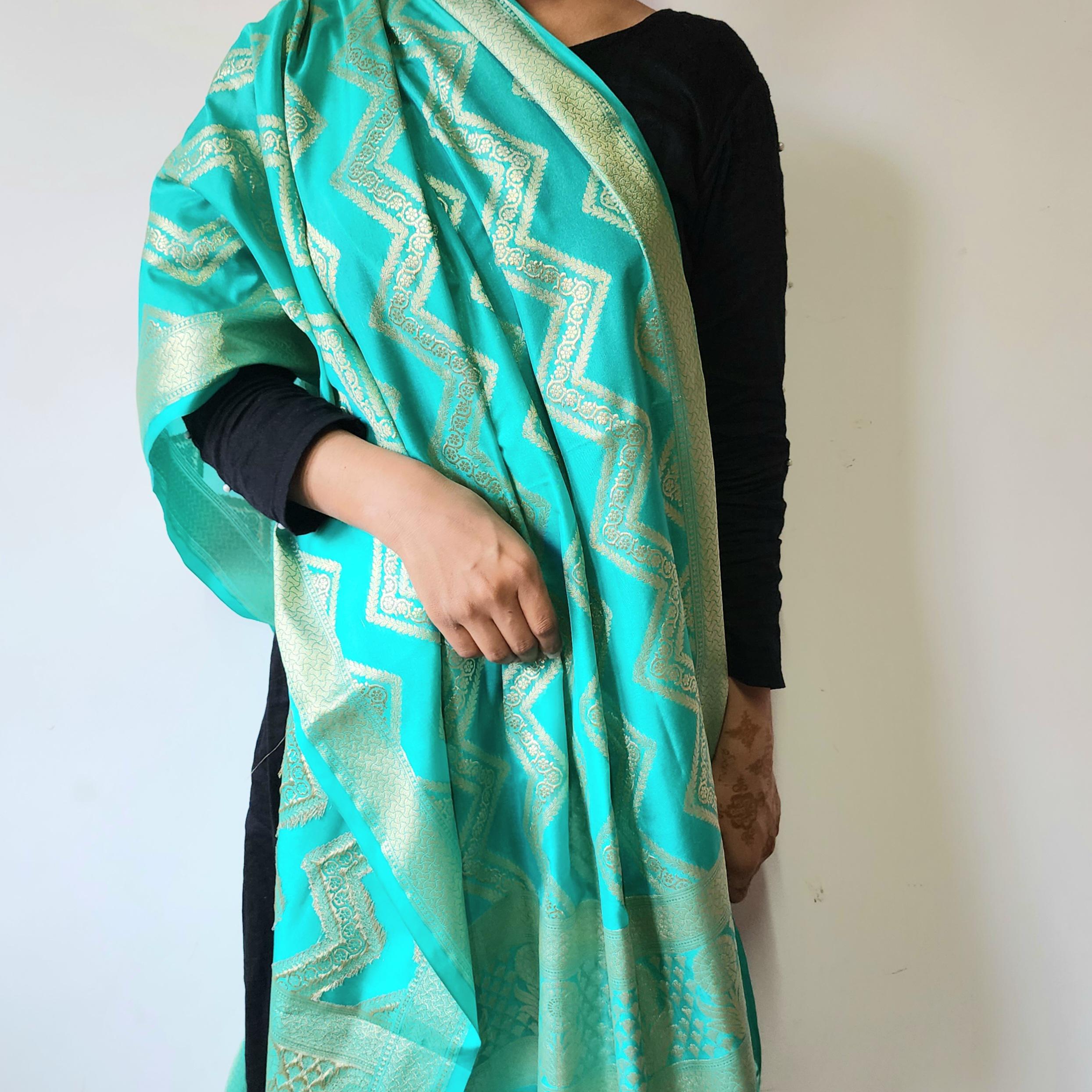 Teal Blue Banarasi Dupatta with gold zigzag pattern