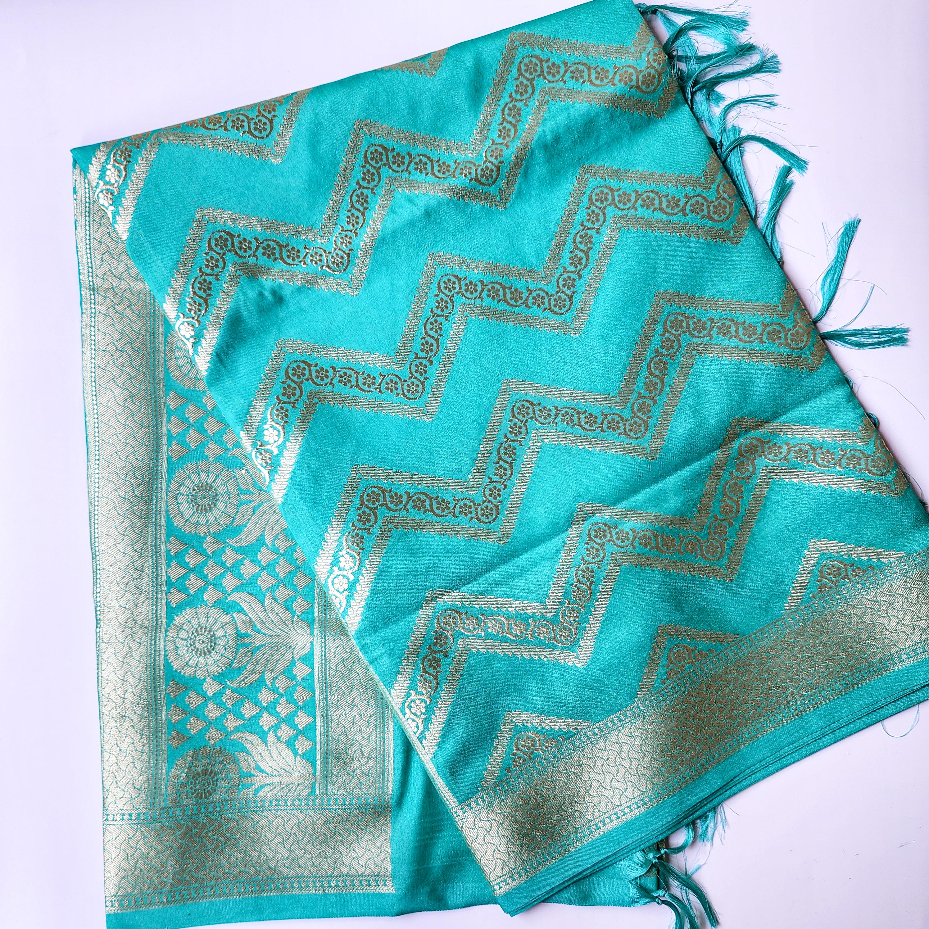 Teal Blue Banarasi Dupatta with gold zigzag pattern