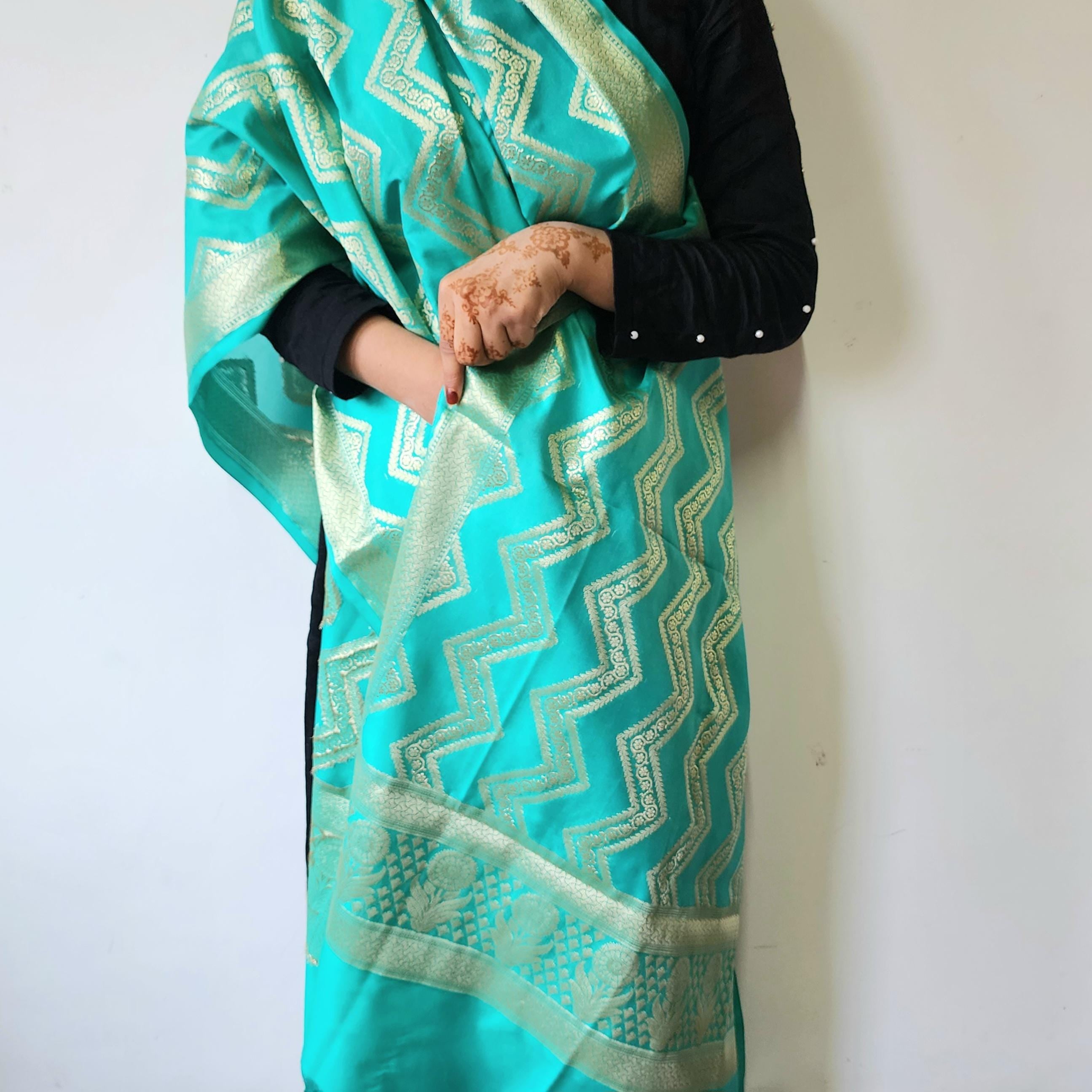Teal Blue Banarasi Dupatta with gold zigzag pattern