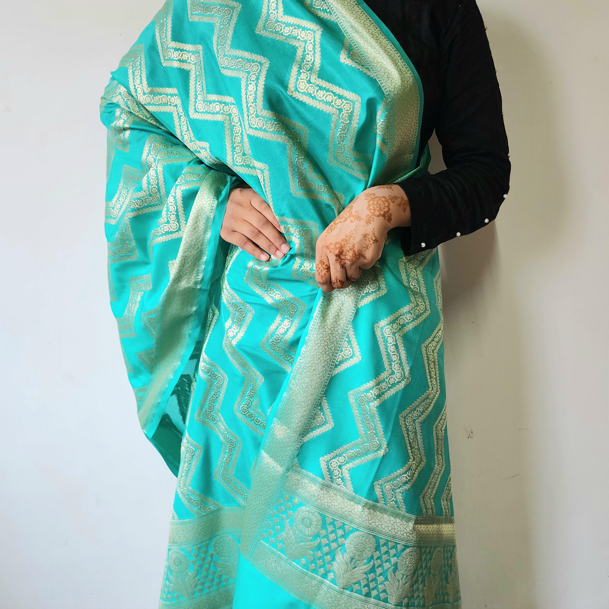 Teal Blue Banarasi Dupatta with gold zigzag pattern