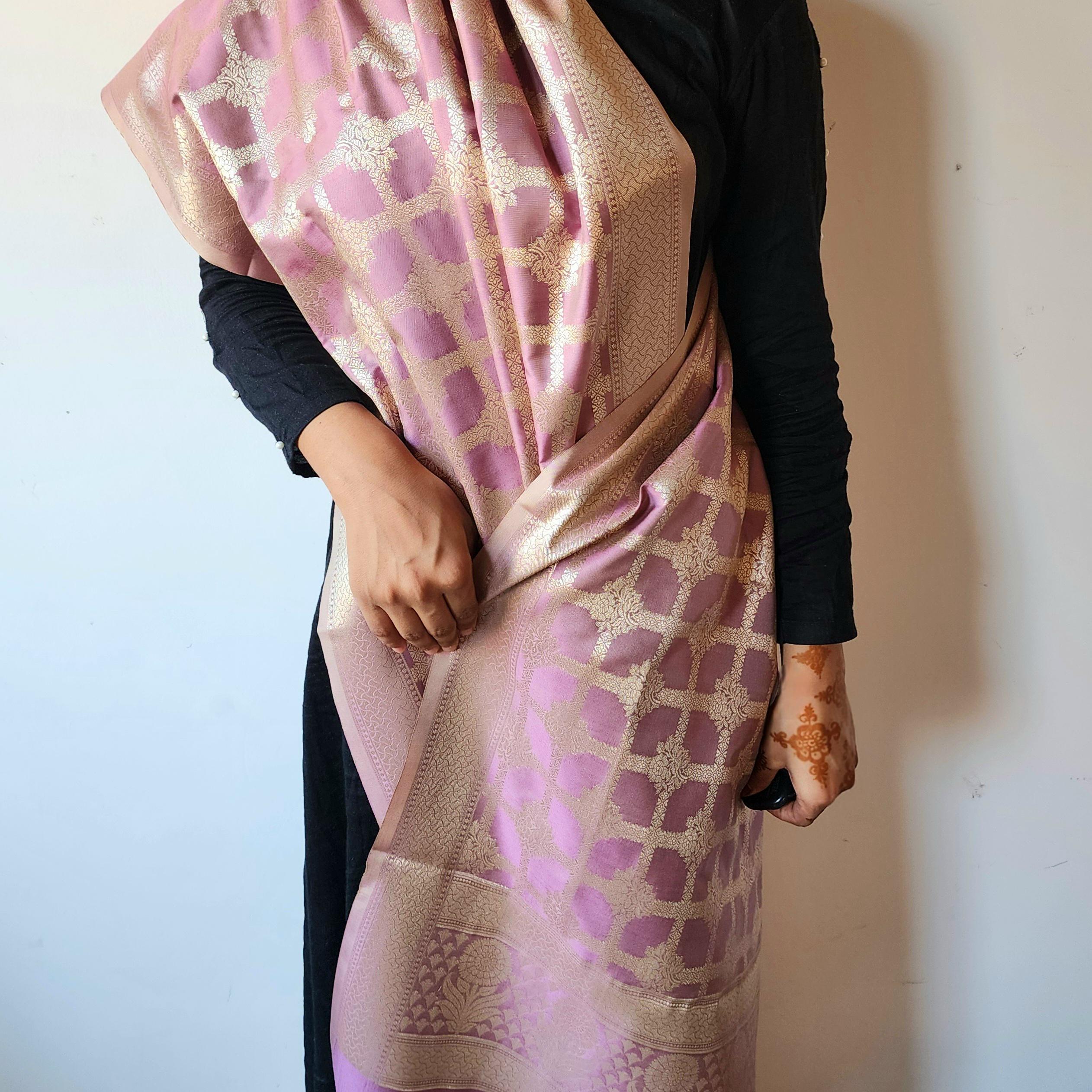 Rose Pink Banarasi Dupatta Zari Grid Pattern, Elegant & Feminine