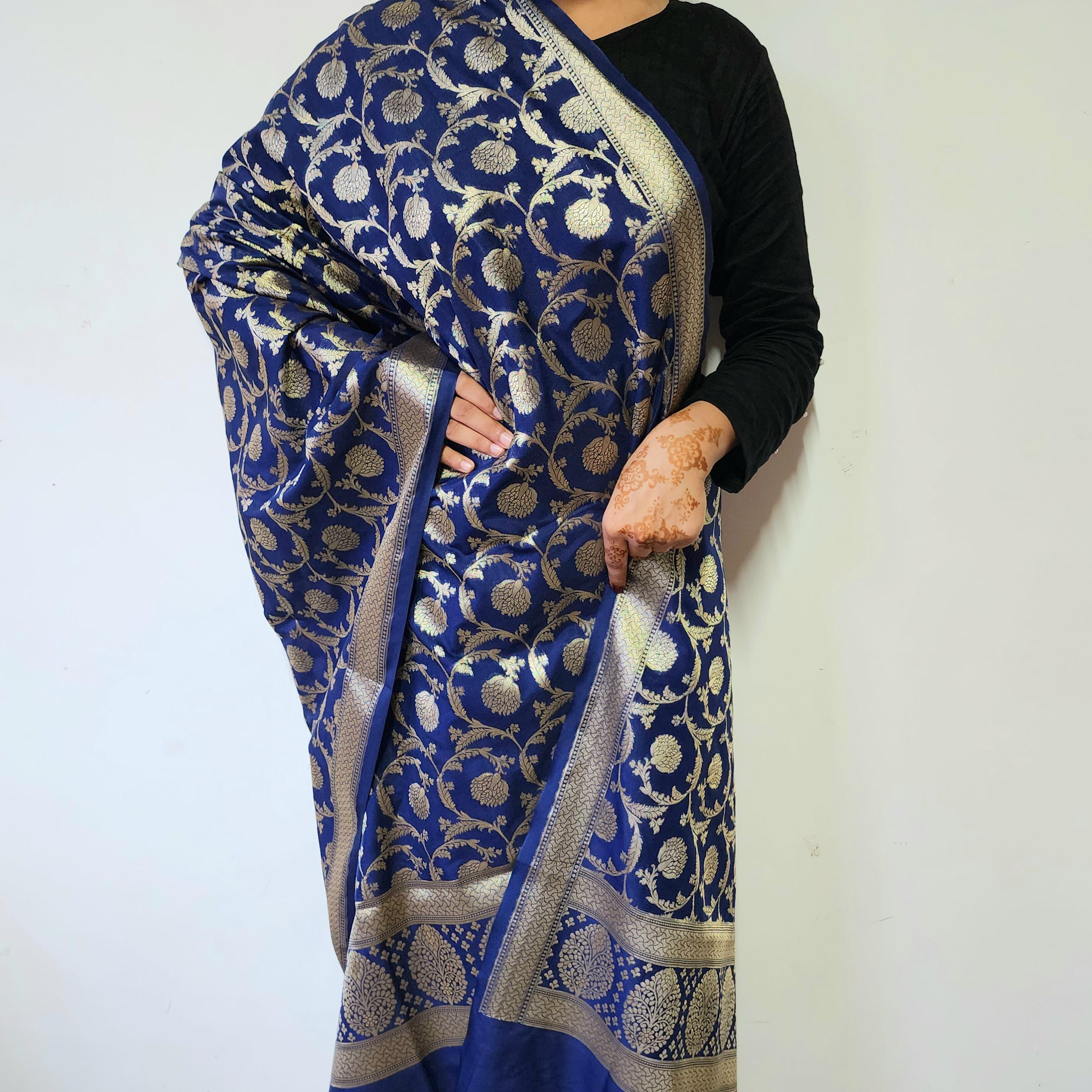 Royal Blue Banarasi Dupatta - Zari Blossom Motifs
