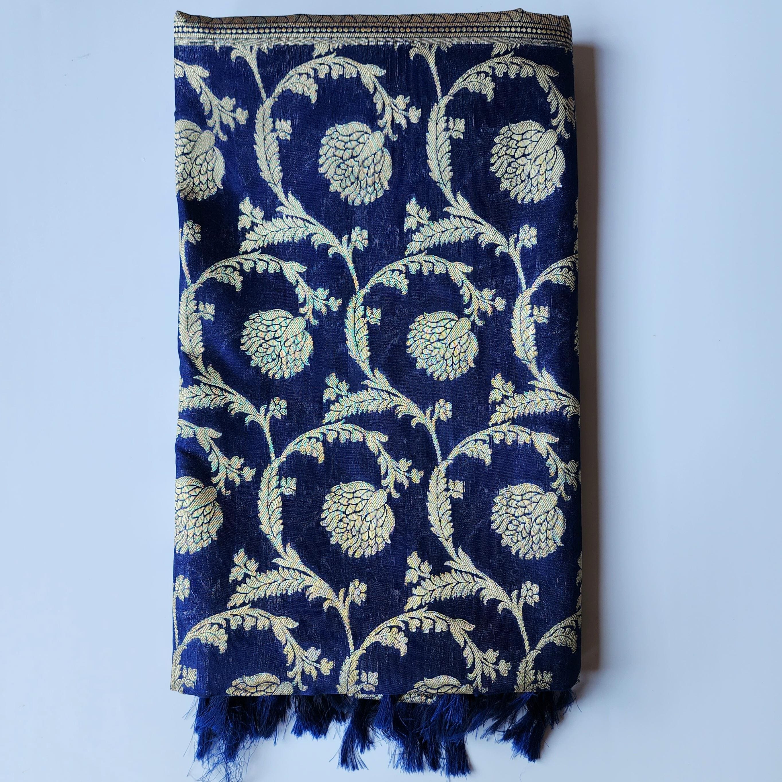 Royal Blue Banarasi Dupatta - Zari Blossom Motifs