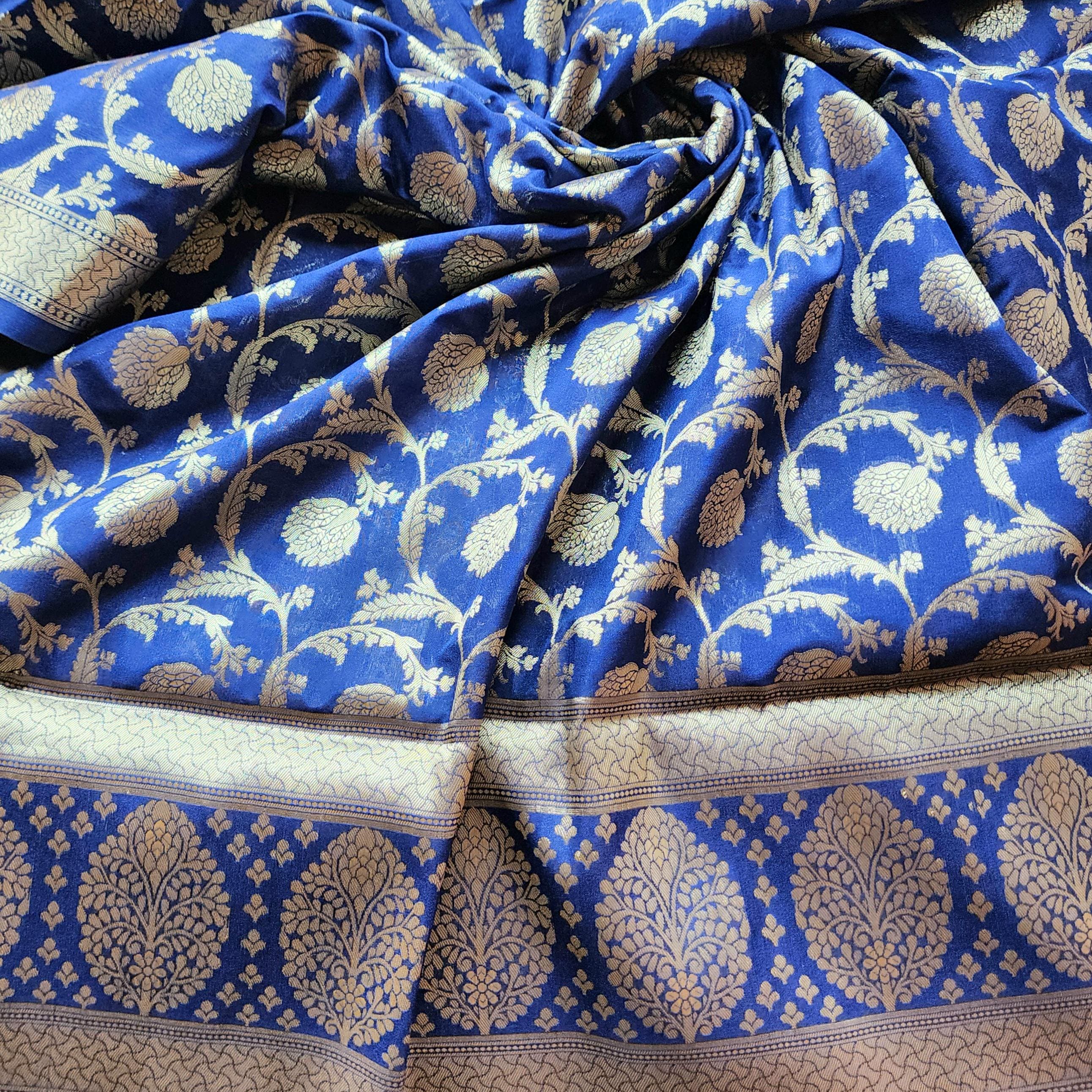 Regal Royal Blue Banarasi Dupatta Intricate Floral Design, Heritage Statement Piece