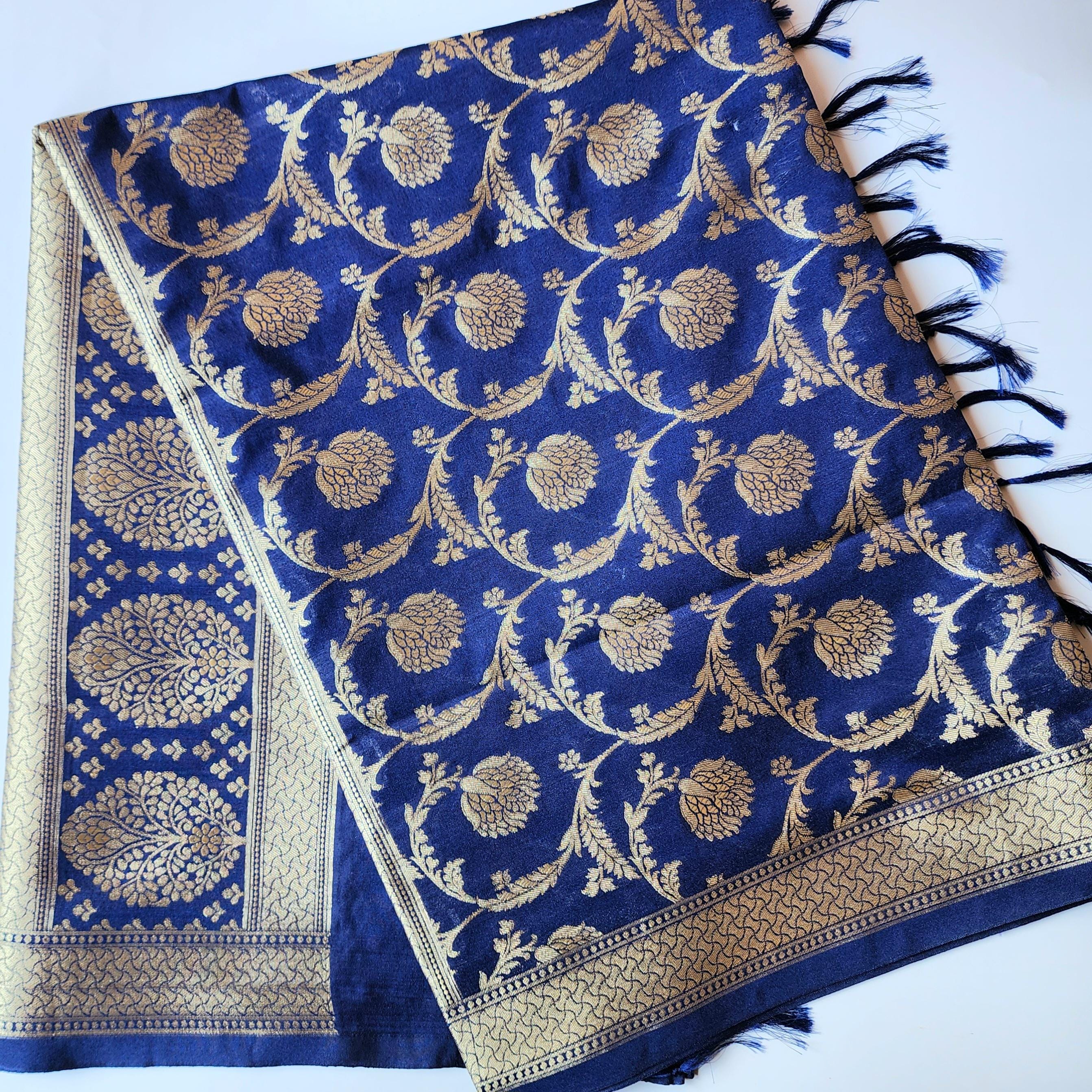 Regal Royal Blue Banarasi Dupatta Intricate Floral Design, Heritage Statement Piece