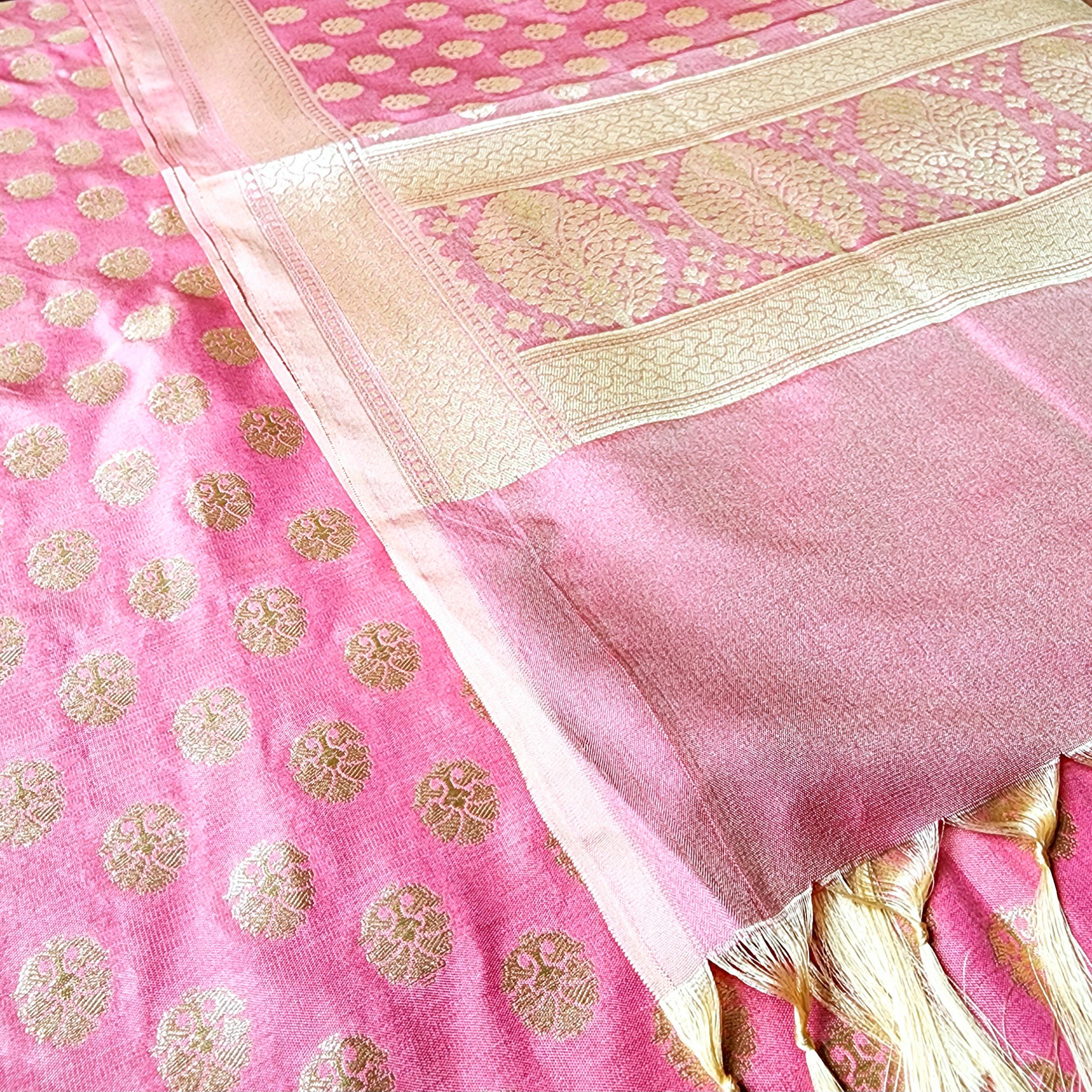 Rose Pink Banarasi Dupatta Golden Butti Weave, Sweet Pastel Perfection