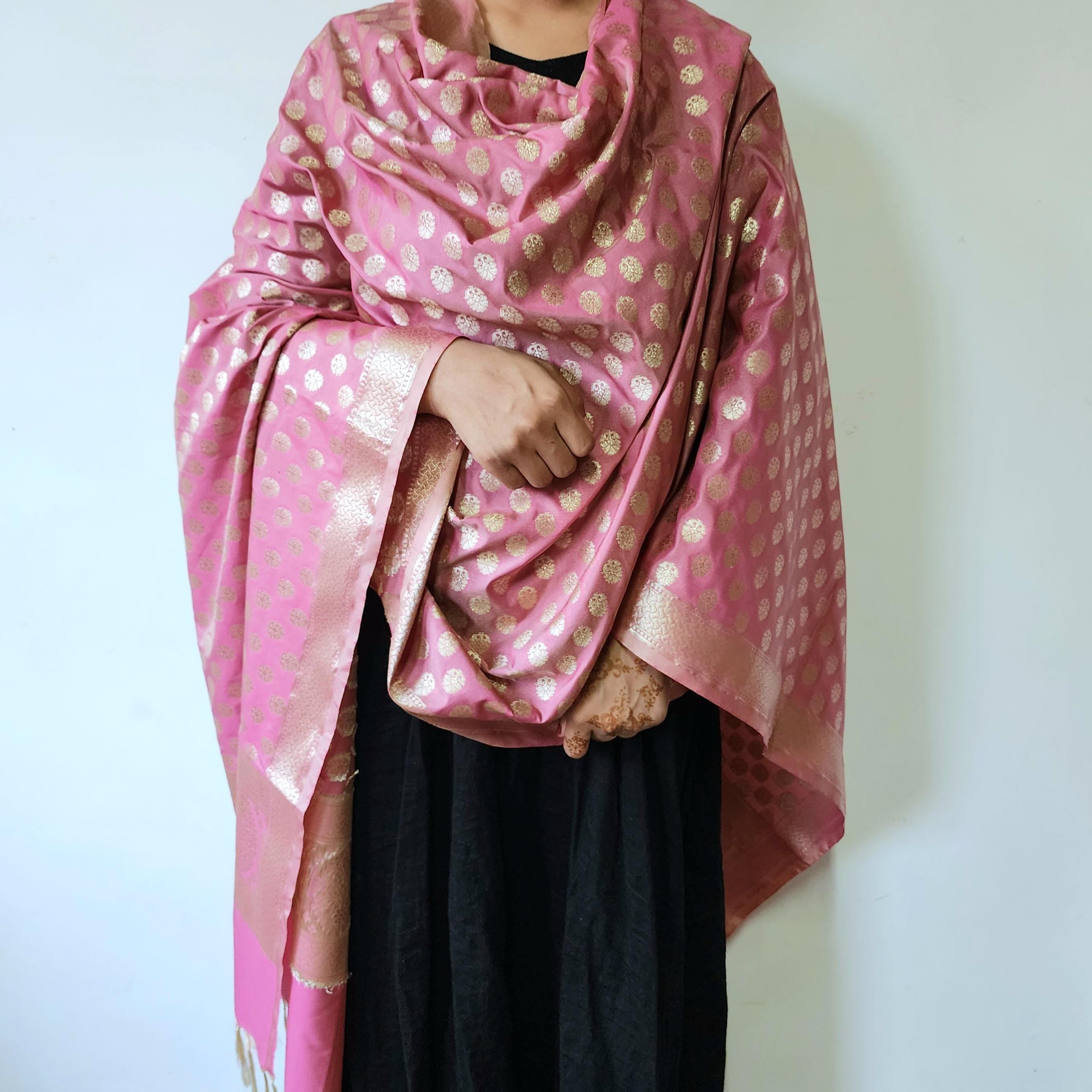 Rose Pink Banarasi Dupatta Golden Butti Weave, Sweet Pastel Perfection