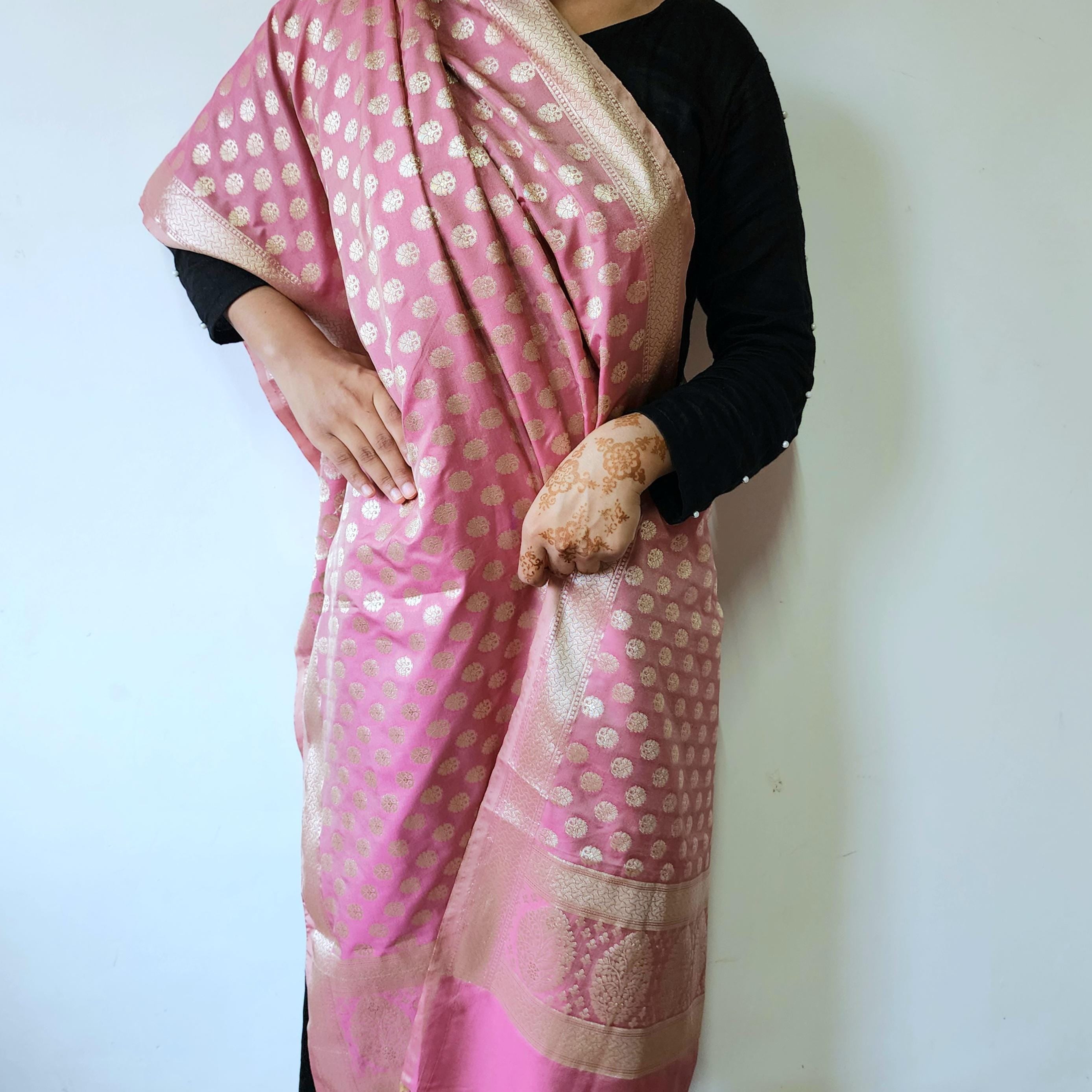 Rose Pink Banarasi Dupatta Golden Butti Weave, Sweet Pastel Perfection