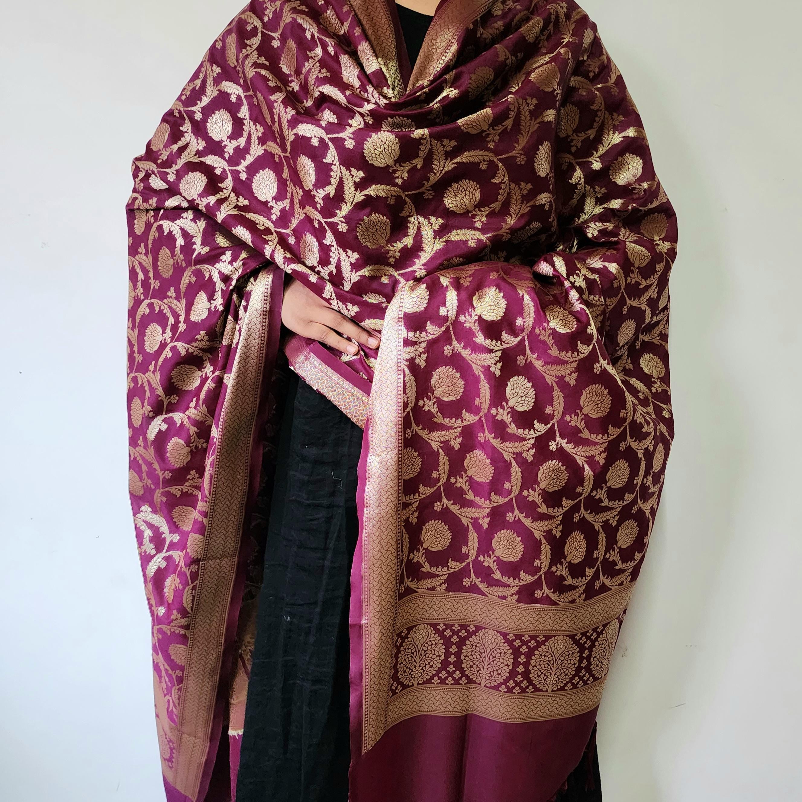 Royal Wine Banarasi Dupatta - Zari Blossom Motifs