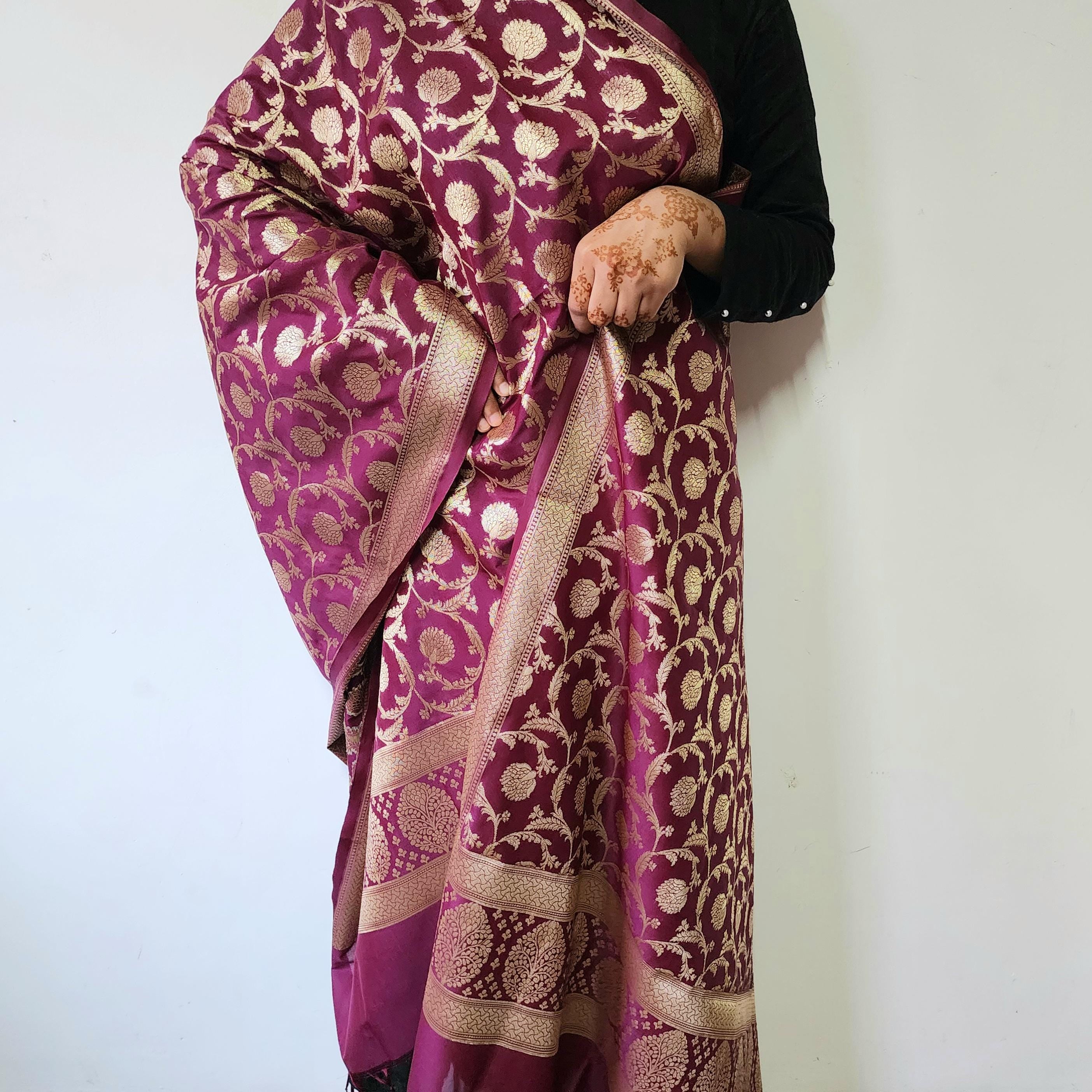 Royal Wine Banarasi Dupatta Zari Blossom Motifs, Purple Evening Look