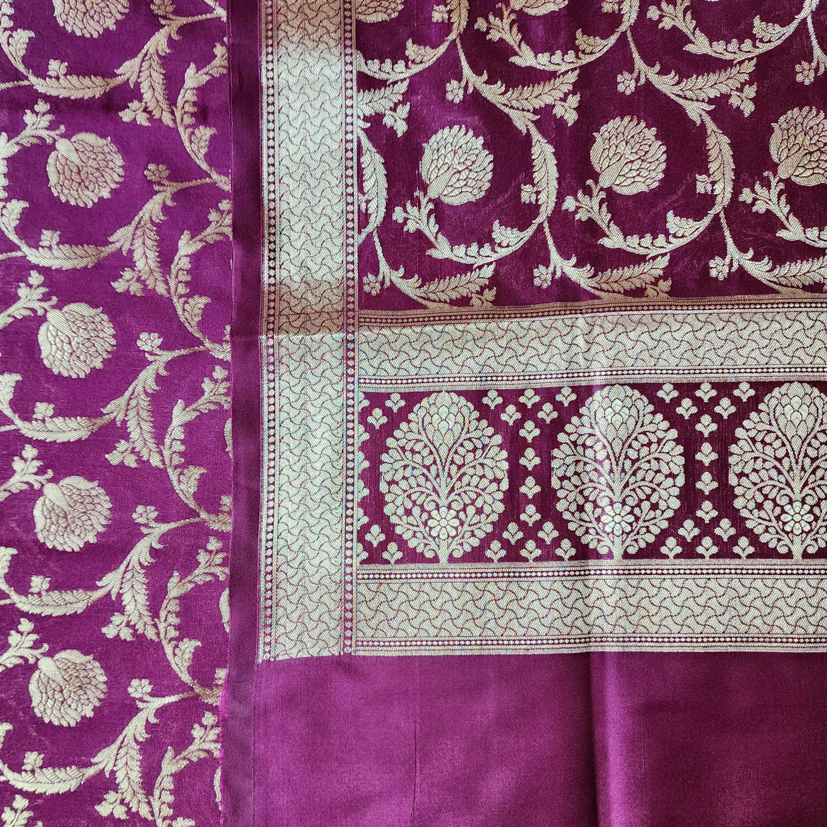 Royal Wine Banarasi Dupatta Zari Blossom Motifs, Purple Evening Look