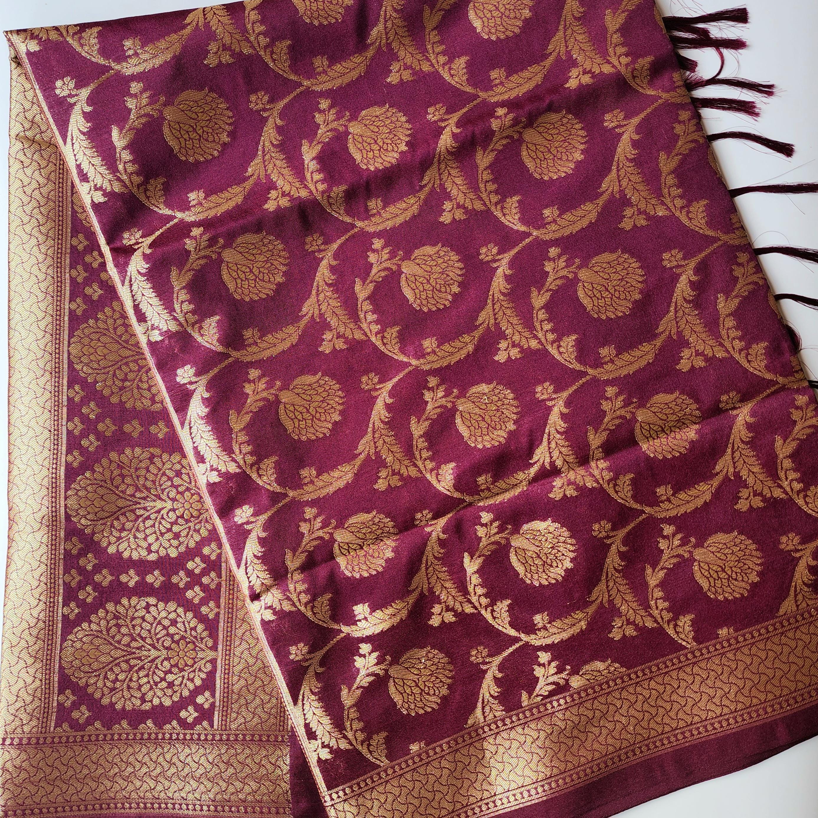 Royal Wine Banarasi Dupatta Zari Blossom Motifs, Purple Evening Look
