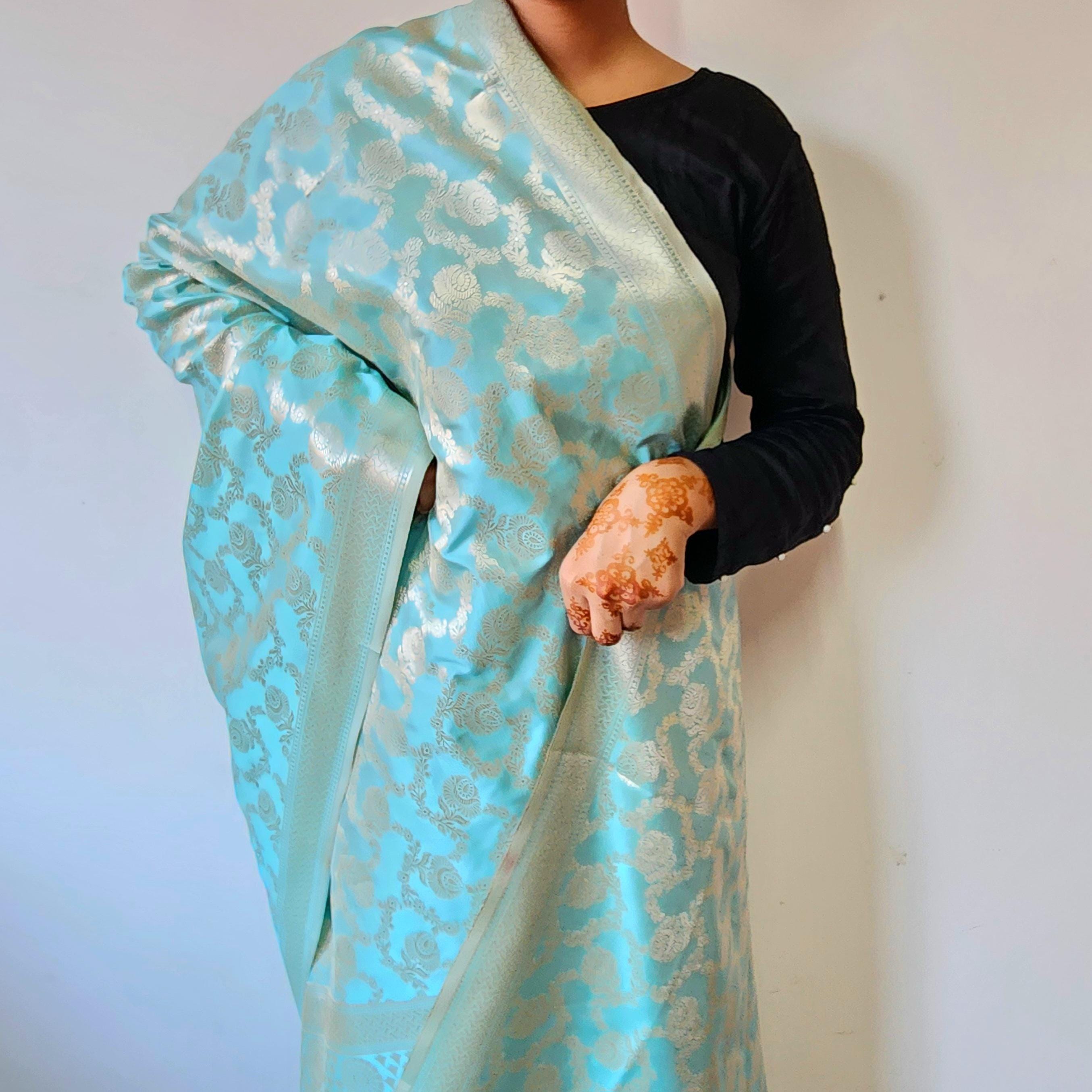 Serene Sky Blue Banarasi Dupatta Golden Floral Weave, Breezy Festive Look