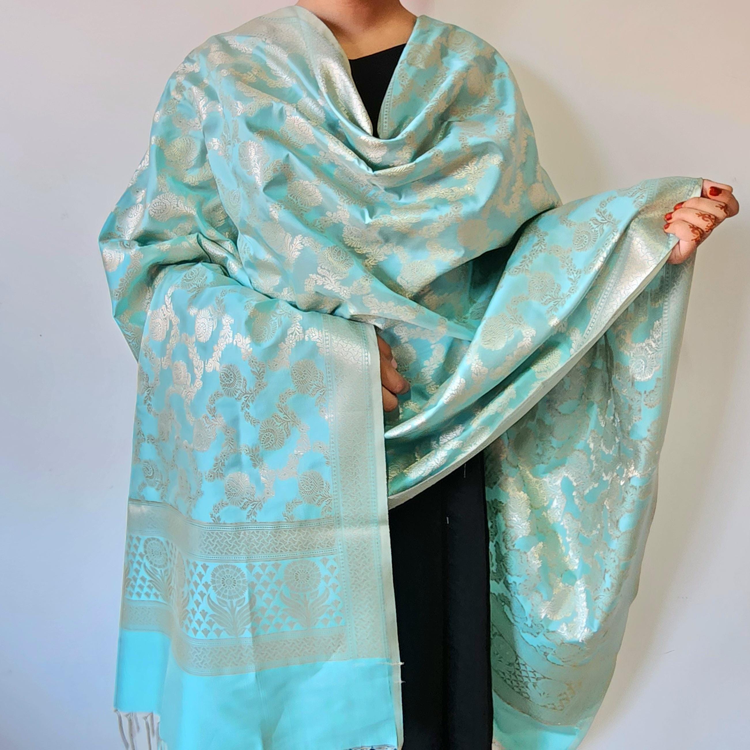 Serene Sky Blue Banarasi Dupatta Golden Floral Weave, Breezy Festive Look