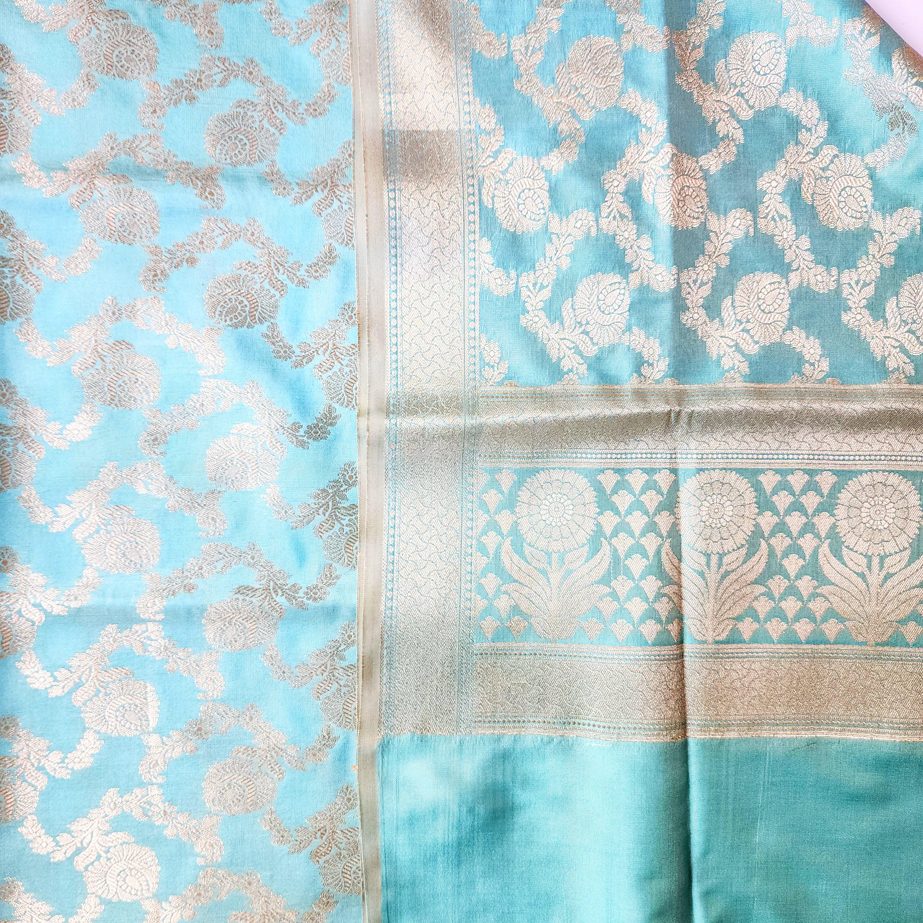 Serene Sky Blue Banarasi Dupatta Golden Floral Weave, Breezy Festive Look
