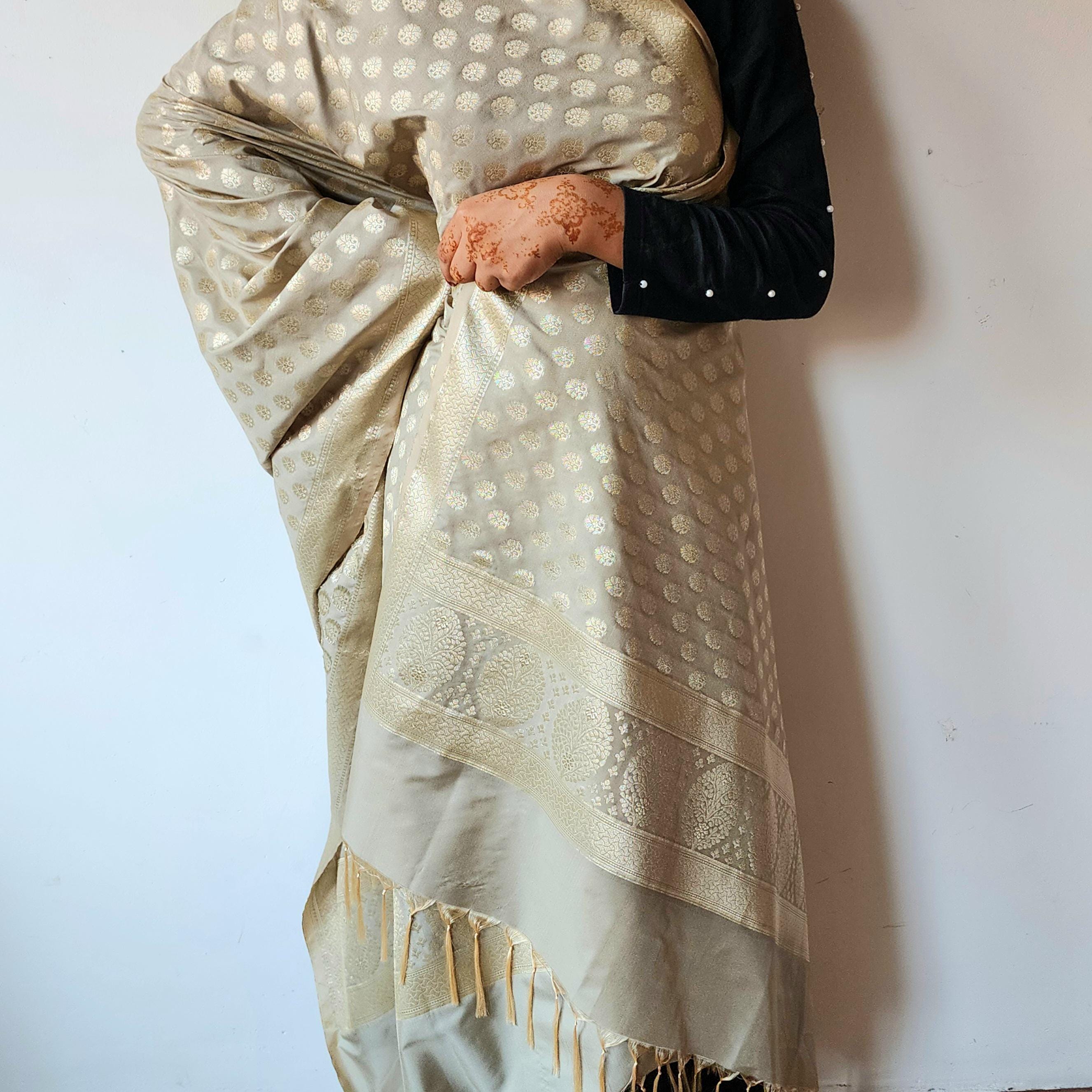 Silver Grey Banarasi Dupatta Subtle Golden Polka Buttis, Elegant Modern Look