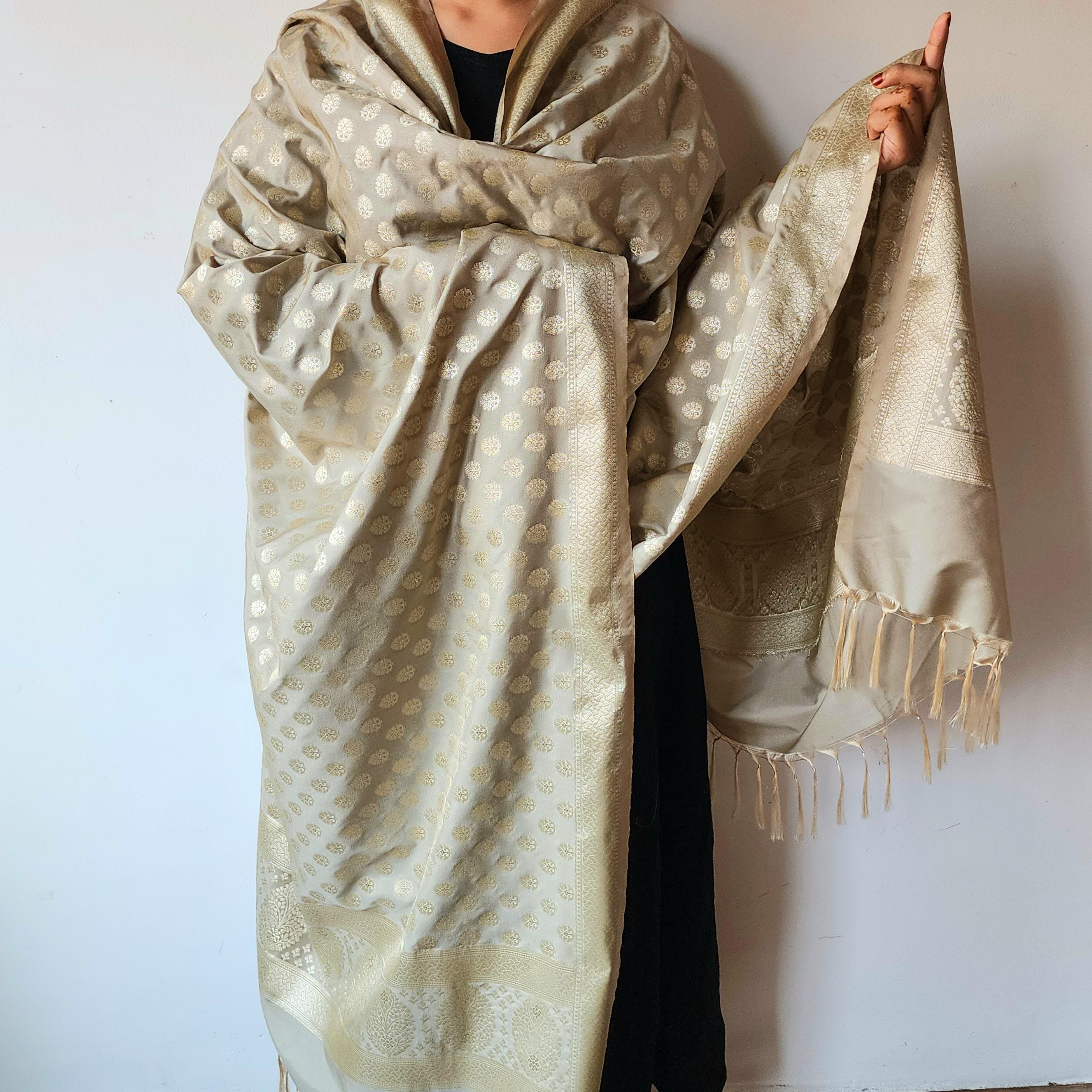 Silver Grey Banarasi Dupatta Subtle Golden Polka Buttis, Elegant Modern Look