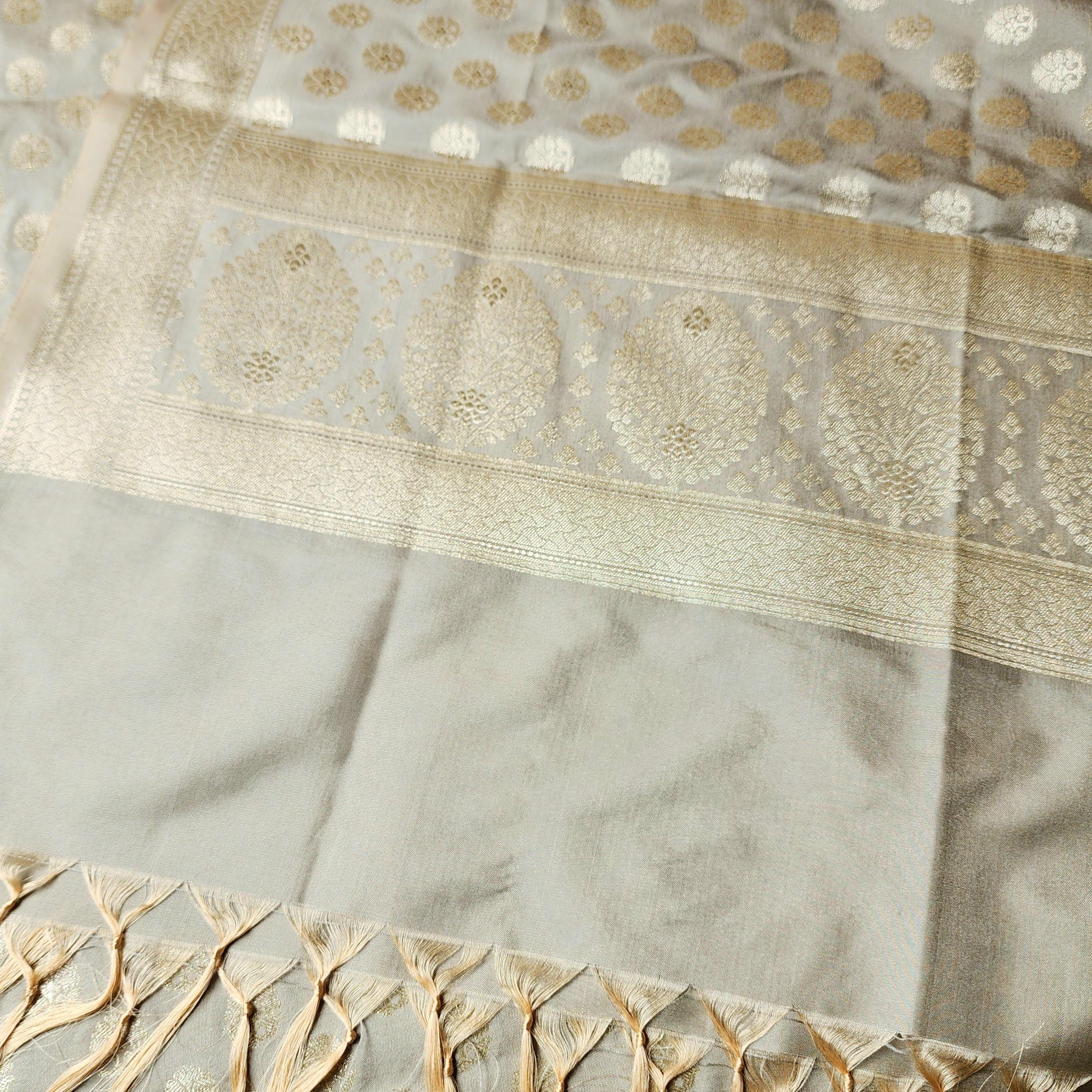 Silver Grey Banarasi Dupatta Subtle Golden Polka Buttis, Elegant Modern Look