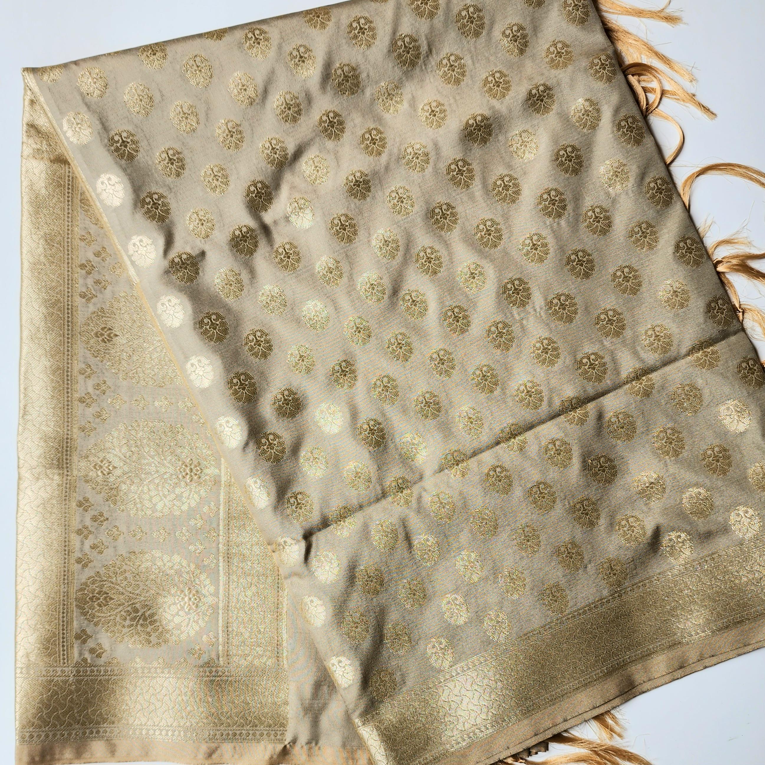 Silver Grey Banarasi Dupatta Subtle Golden Polka Buttis, Elegant Modern Look