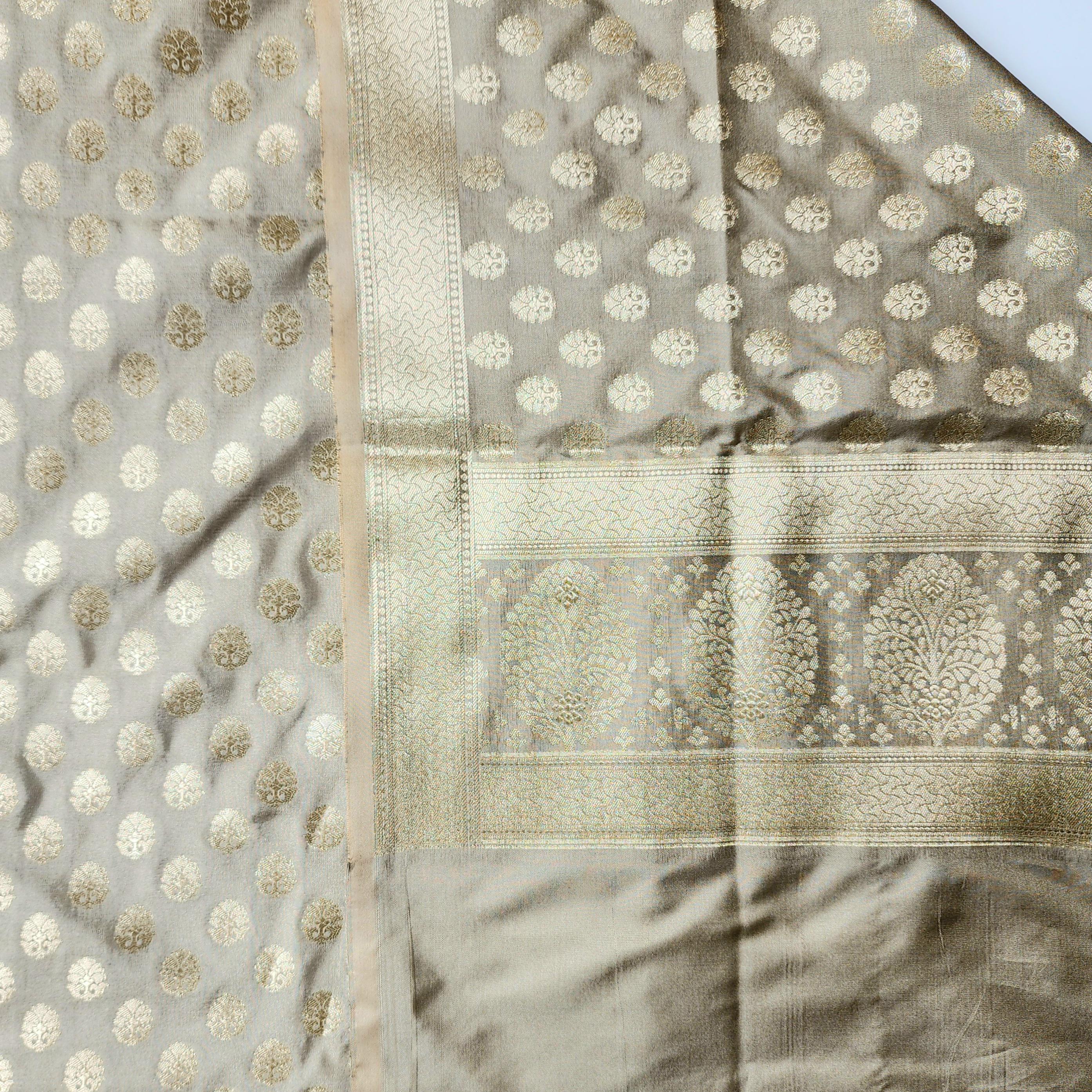 Silver Grey Banarasi Dupatta Subtle Golden Polka Buttis, Elegant Modern Look