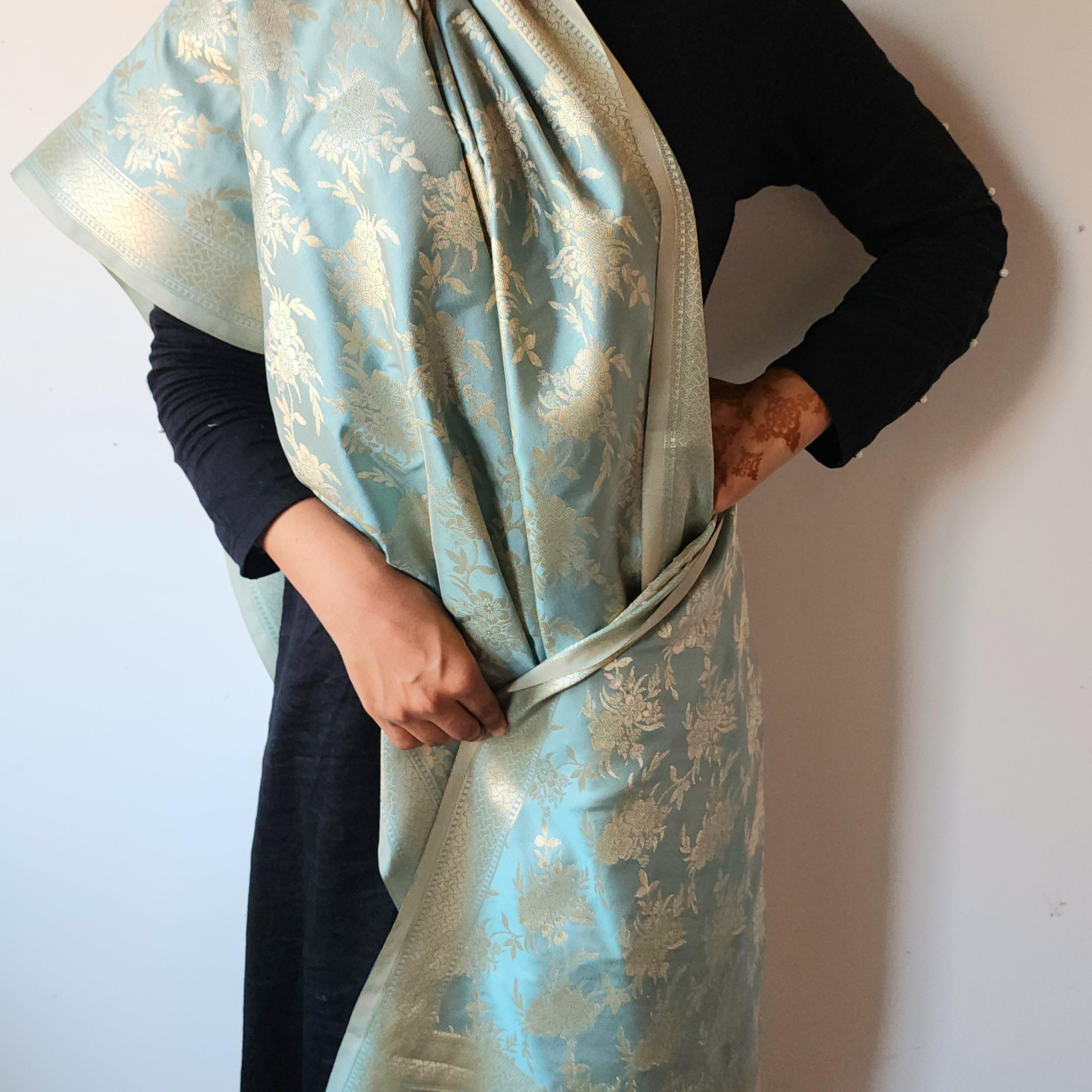 Powder Blue Banarasi Dupatta Handwoven Golden Florals, Dreamy Ethnic Look