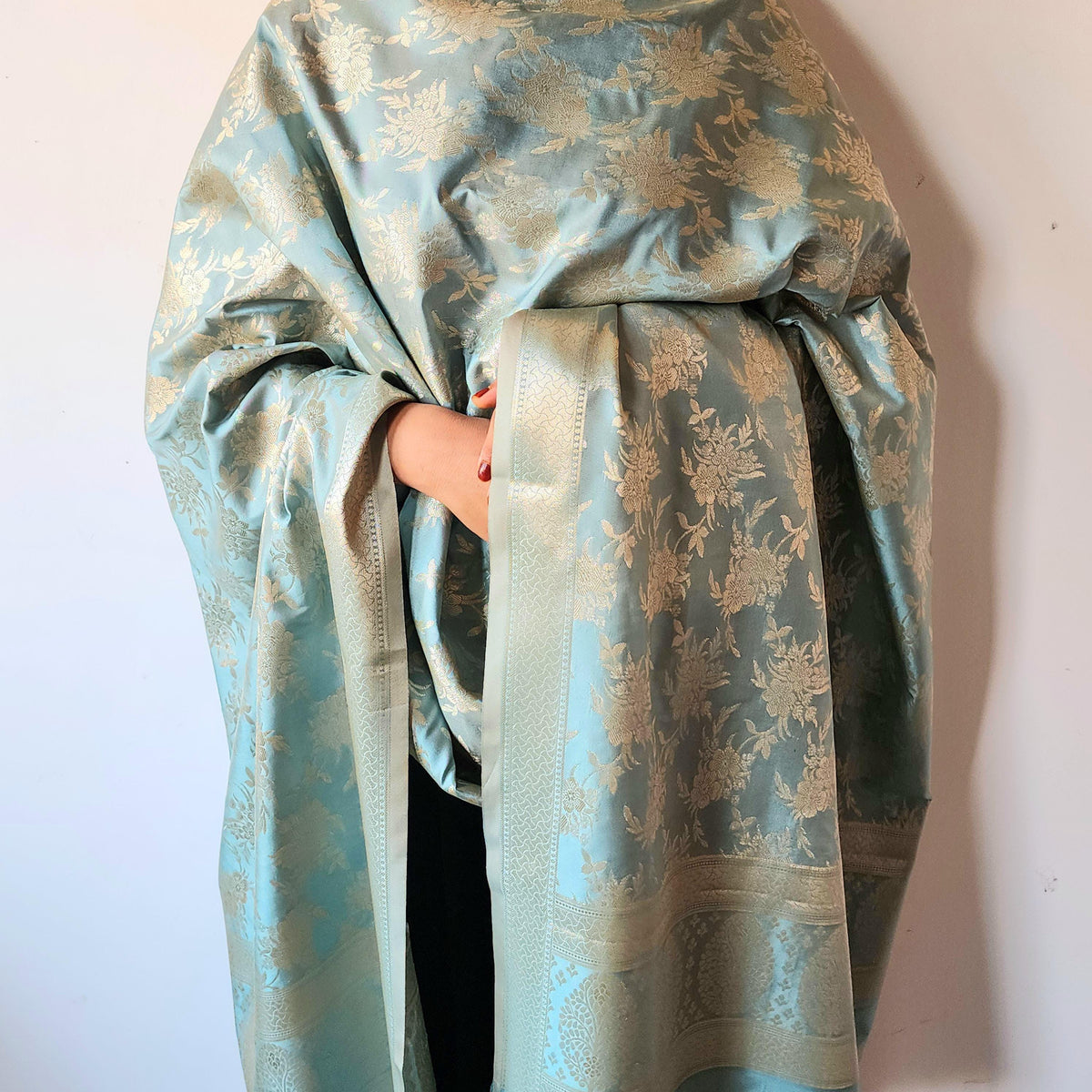Powder Blue Banarasi Dupatta - Floral Brocade Zari