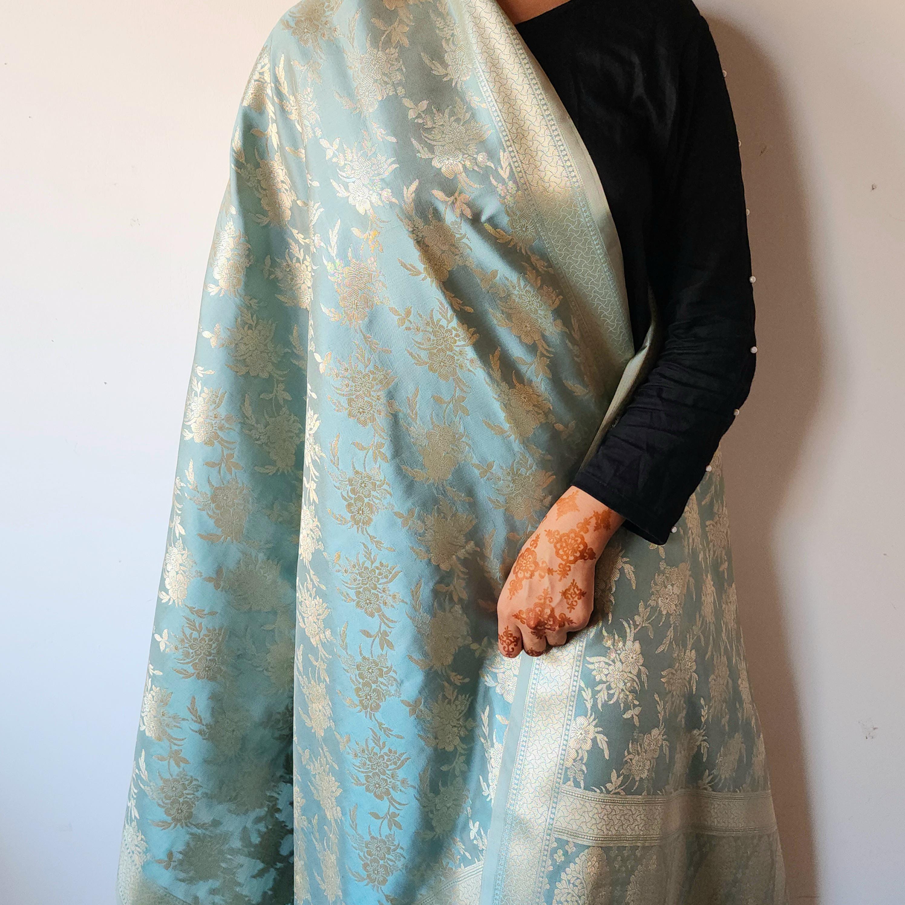 Powder Blue Banarasi Dupatta Handwoven Golden Florals, Dreamy Ethnic Look