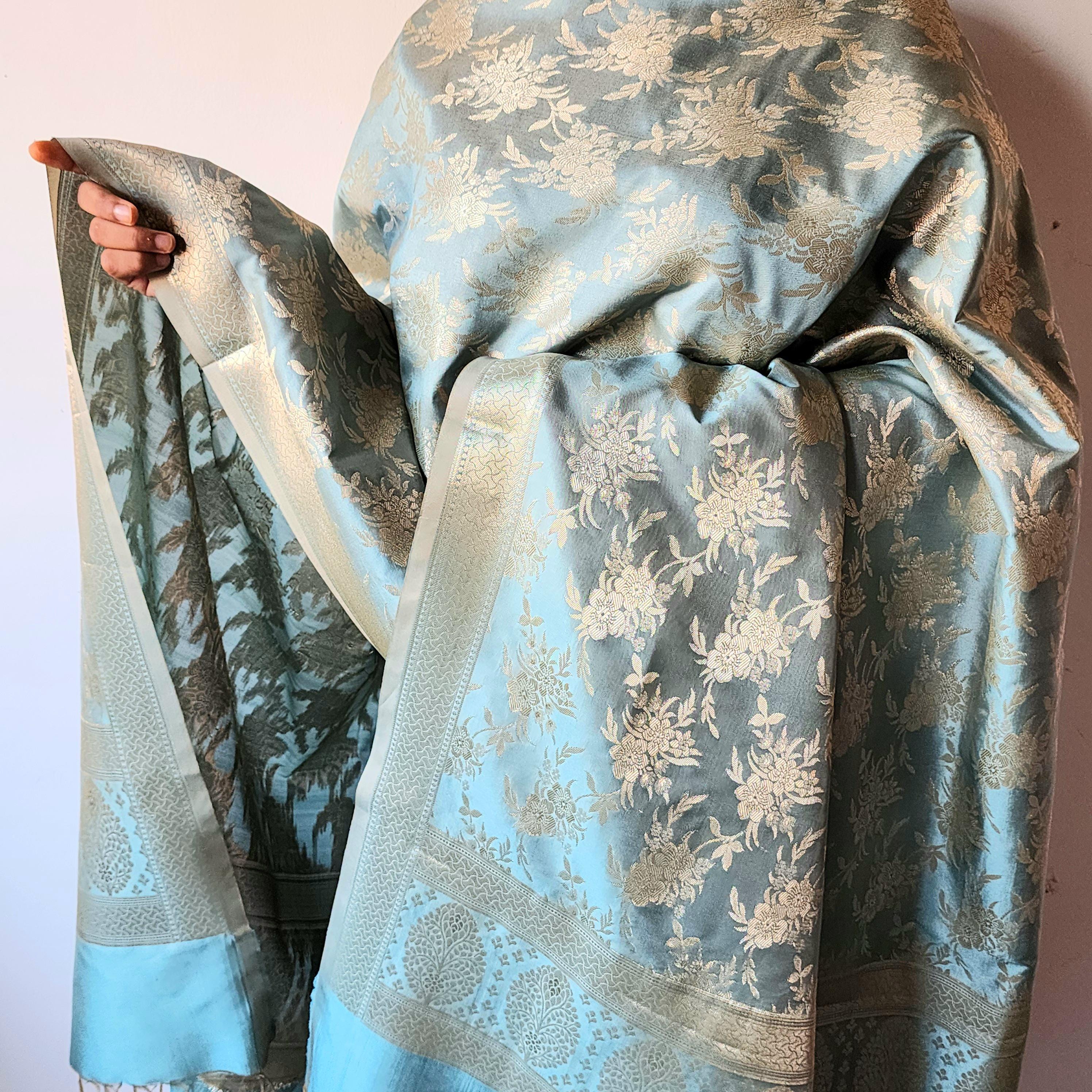 Powder Blue Banarasi Dupatta Handwoven Golden Florals, Dreamy Ethnic Look