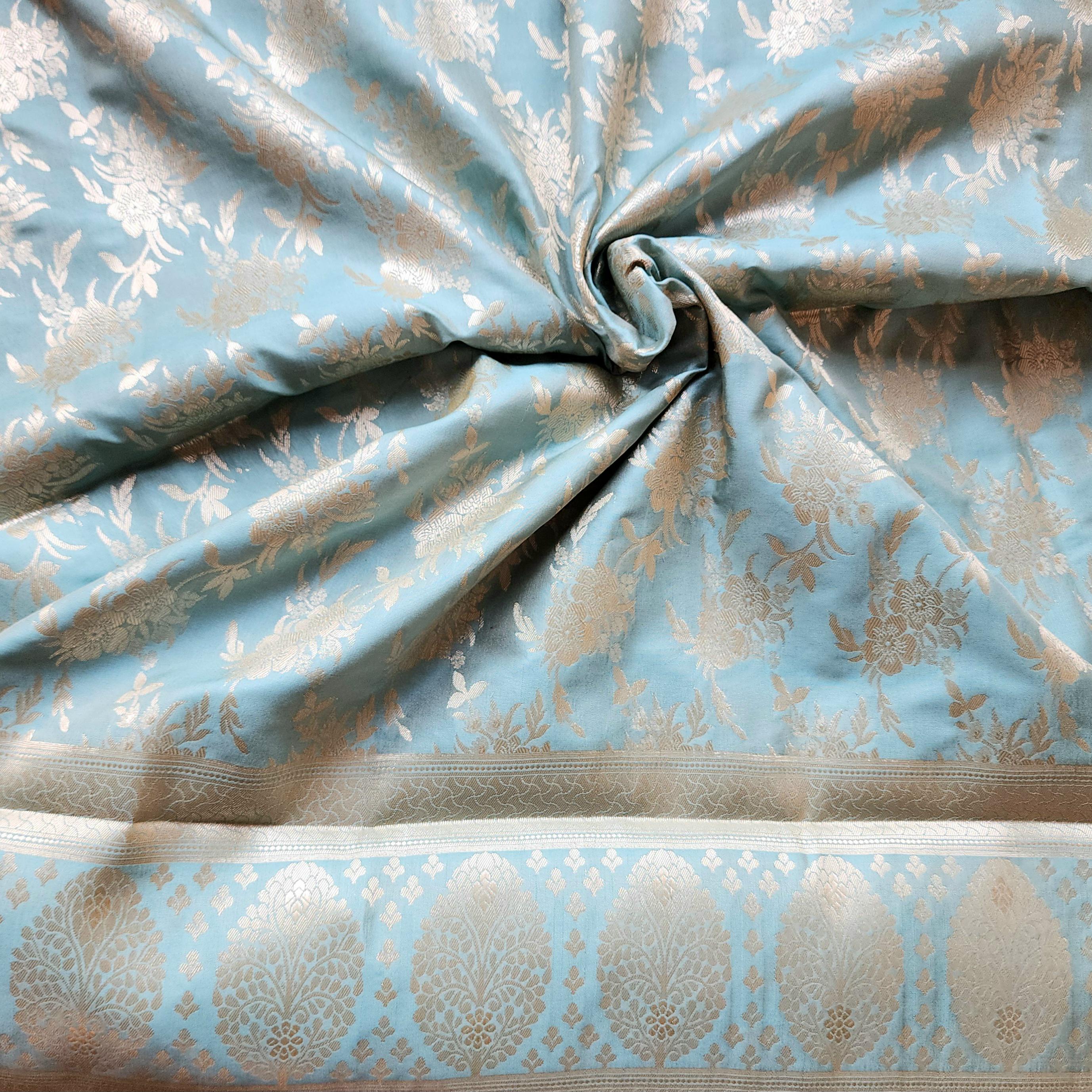 Powder Blue Banarasi Dupatta Handwoven Golden Florals, Dreamy Ethnic Look