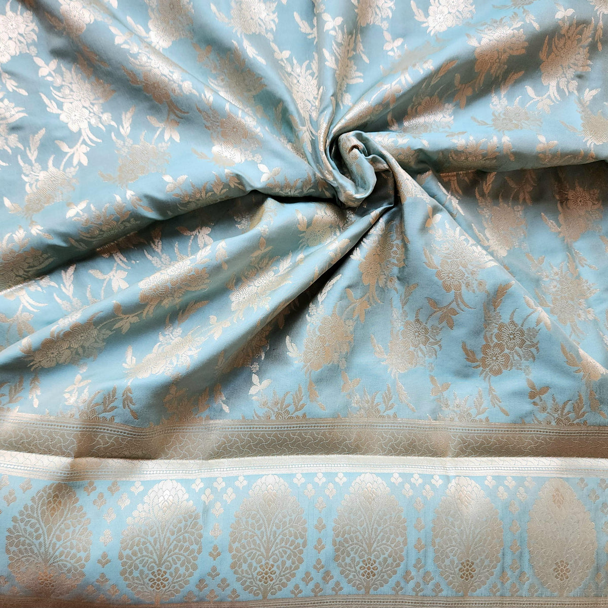 Powder Blue Banarasi Dupatta - Floral Brocade Zari
