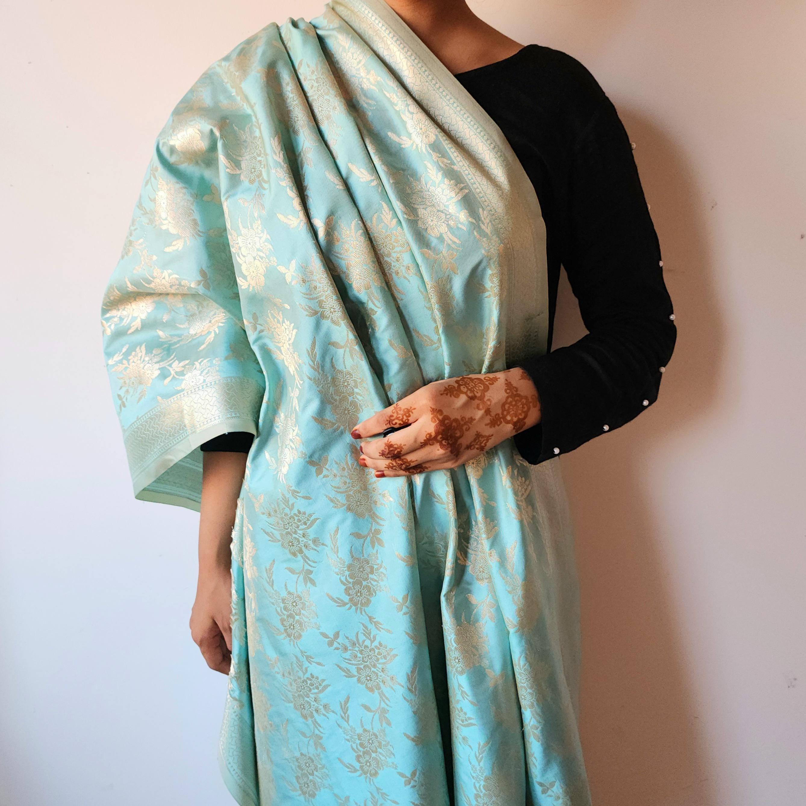 Pastel Sky Blue Banarasi Dupatta Soft Gold Floral Brocade, Effortlessly Regal